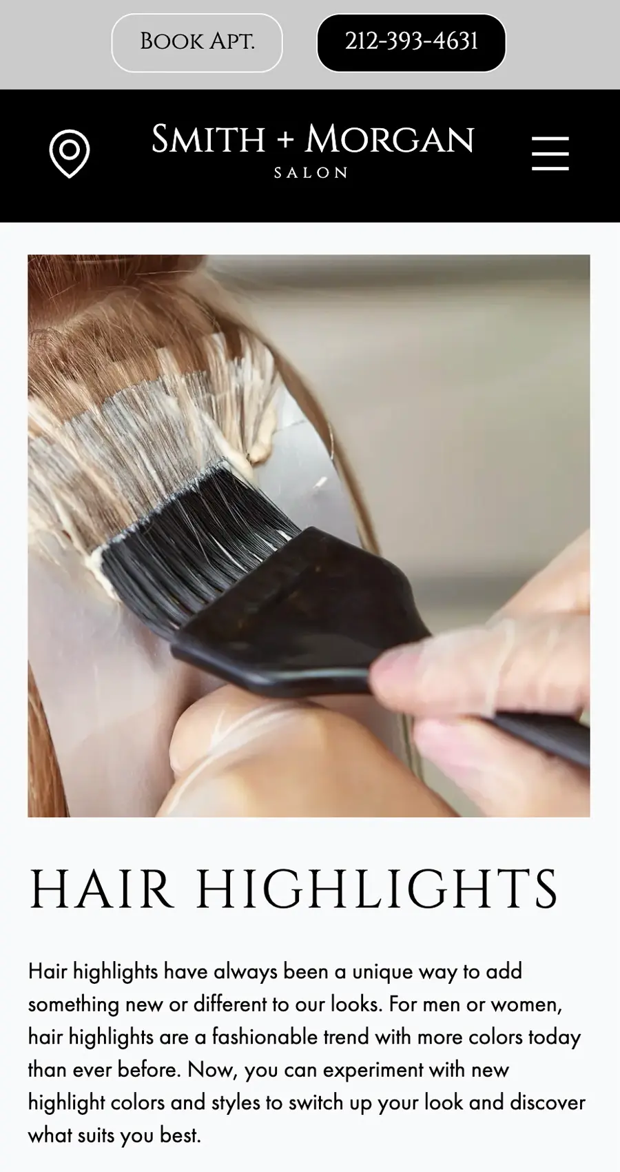 A close-up of a stylist applying hair highlights with a brush on light brown hair, perfect for showcasing highlighting services on your hair salon business card at Smith + Morgan Salon.
