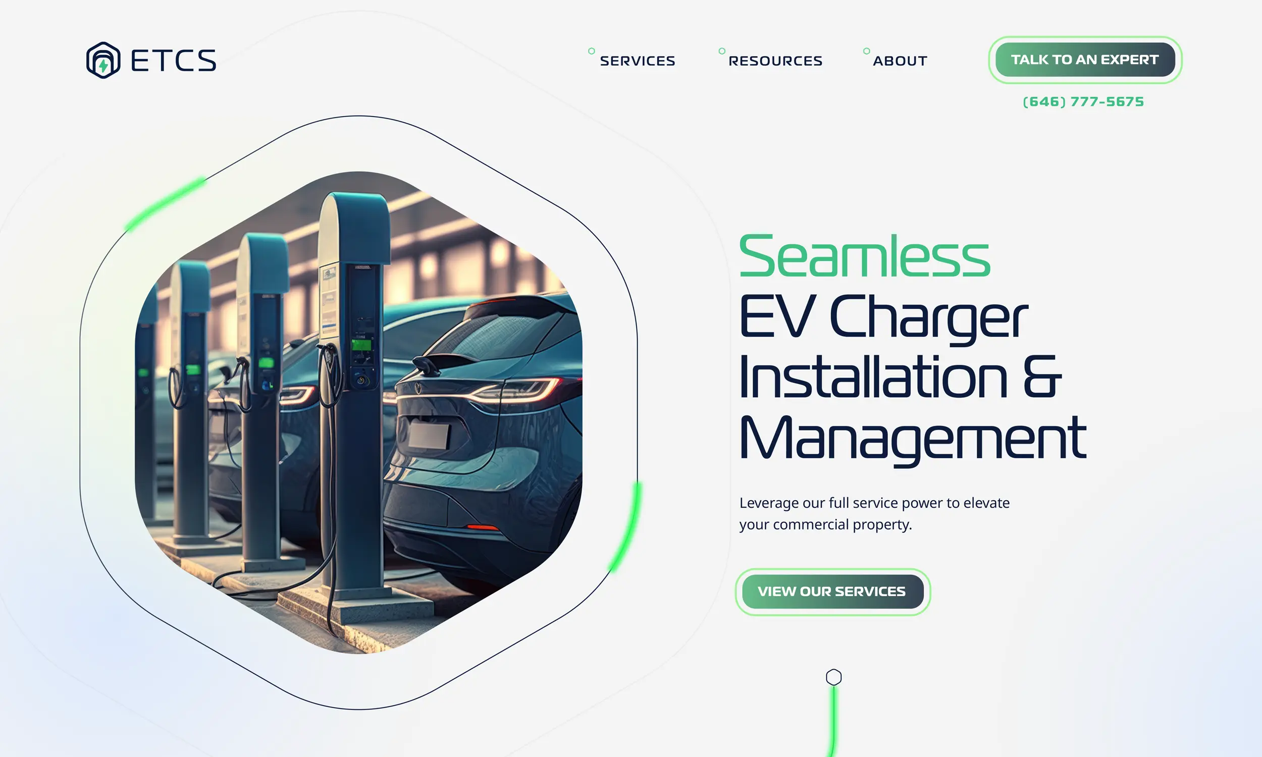 A modern electric vehicle charging station with several cars plugged in, alongside an ev charging website promoting EV charger installation and management services.