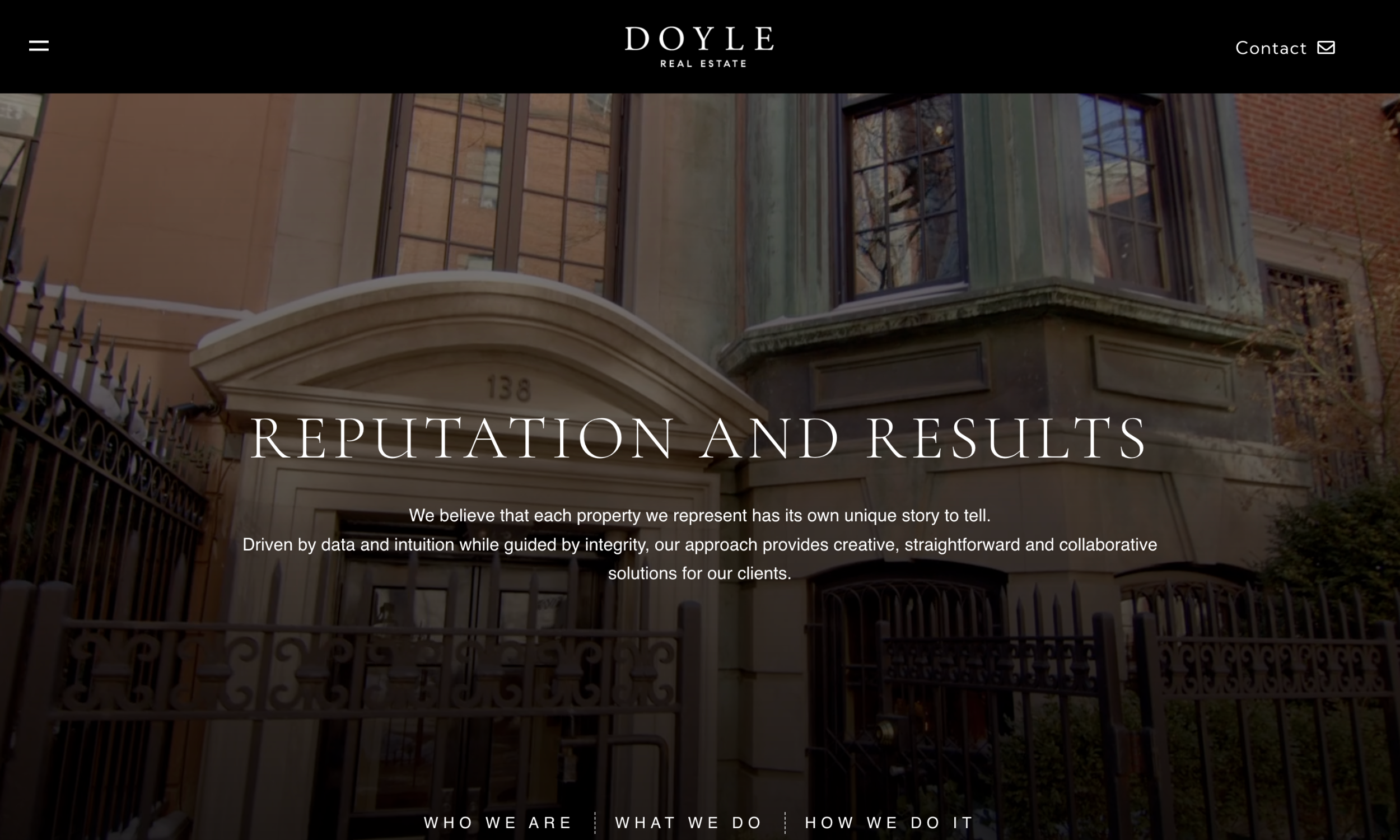 Exterior view of a brownstone building with "Reputation and Results" and a real estate firm's mission statement in white text overlay, highlighting luxury real estate website design for an elevated client experience.