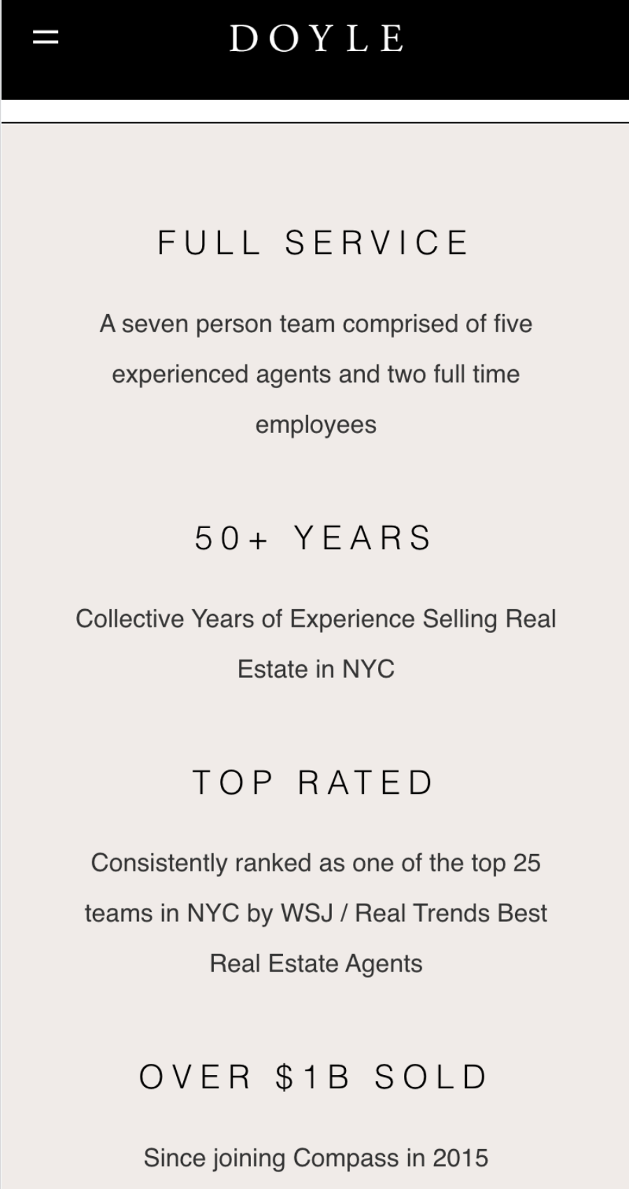 Infographic for Doyle real estate team highlights full service staff, luxury real estate website design, 50+ years experience, top 25 NYC ranking, and over $1B sold since 2015 with Compass.