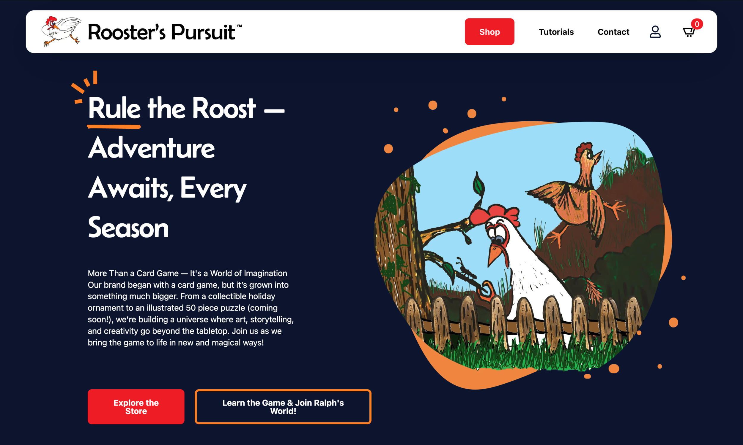 Screenshot of the Rooster’s Pursuit card game website design homepage featuring a rooster and chicken illustration, headline "Rule the Roost – Adventure Awaits, Every Season," and navigation buttons.