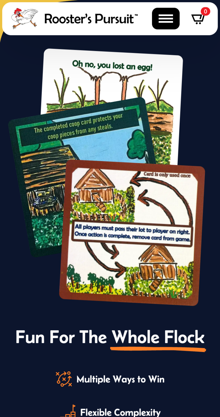 Three illustrated game cards from "Rooster’s Pursuit" are displayed on a vibrant card game website design, each showing chicken coops and instructions, with key game features listed below.