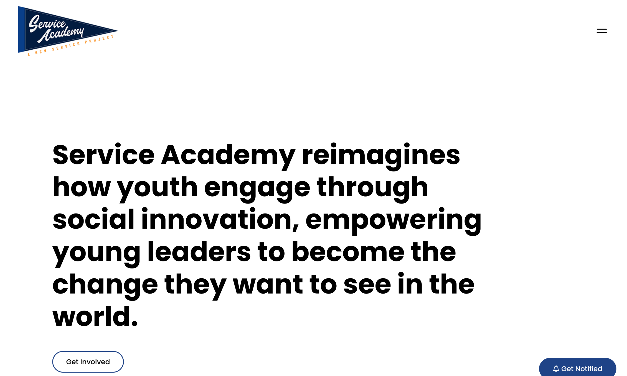 Screenshot of the Service Academy homepage featuring a mission statement about empowering youth leaders through social innovation. The volunteer website design highlights clear options to "Get Involved" and "Get Notified.
