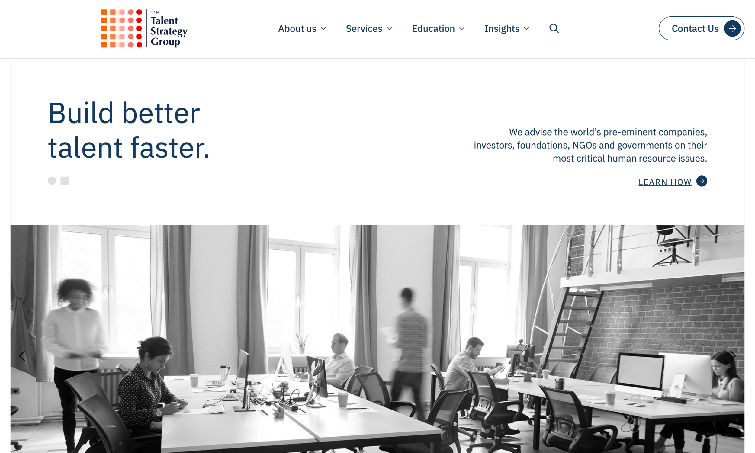 Office scene with several people working at desks; prominent text reads "Build better talent faster" alongside The Talent Strategy Group branding, highlighting innovative hr website design.