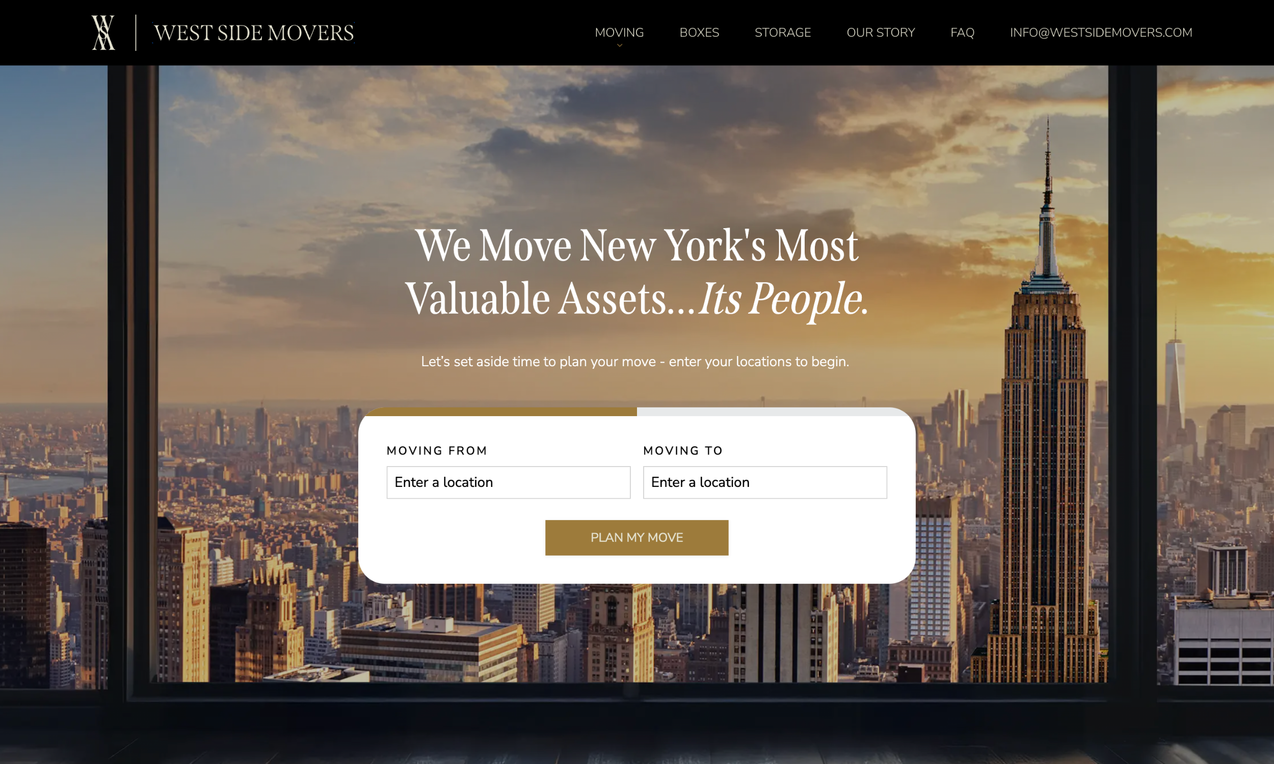 West Side Movers moving company website design homepage features a service form set against a stunning New York City skyline at sunset with the Empire State Building in view.