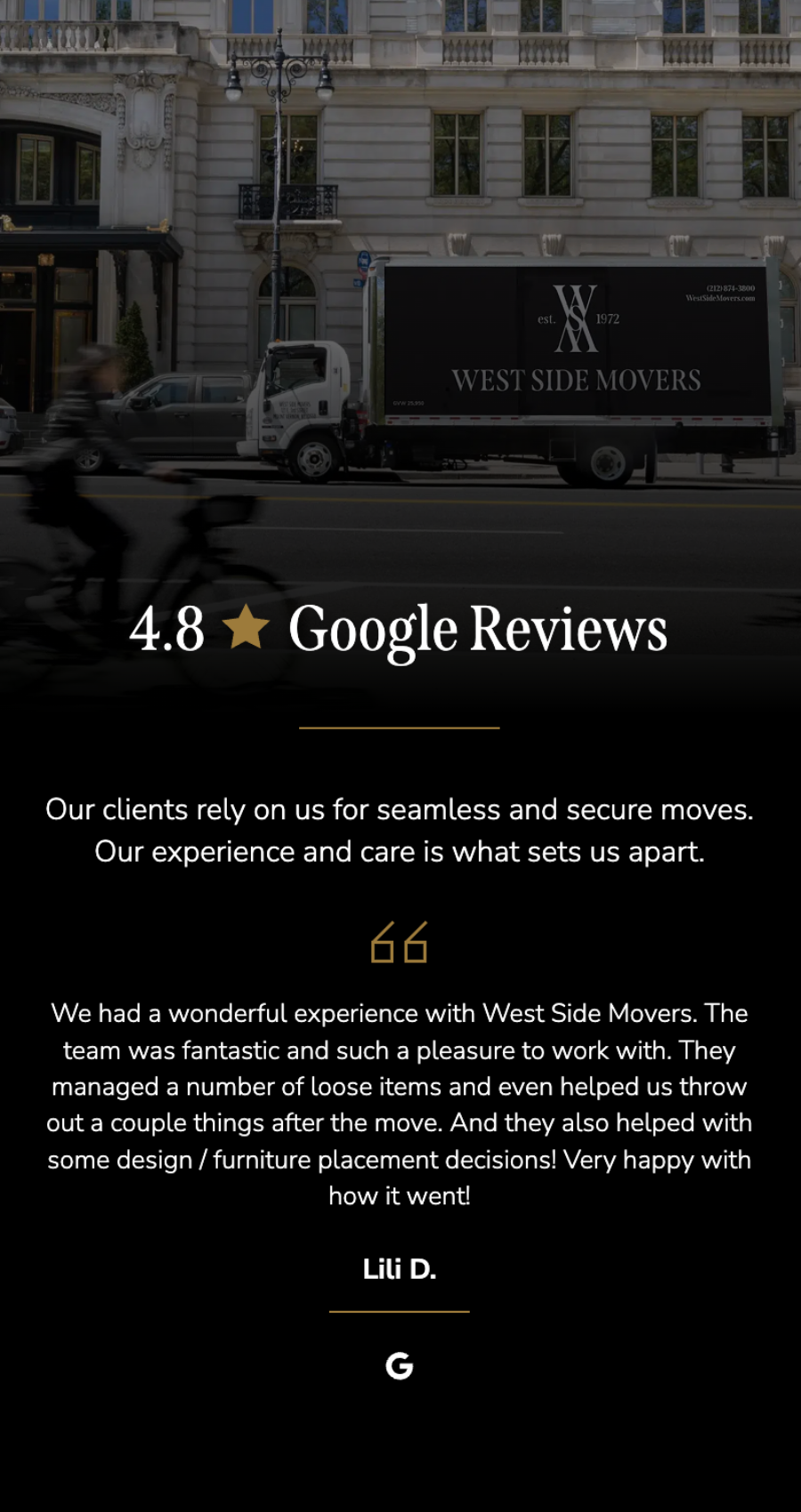 A West Side Movers truck parked on a city street. Text highlights a 4.8 Google review rating, a positive client testimonial about moving and furniture services, and showcases their modern moving company website design.