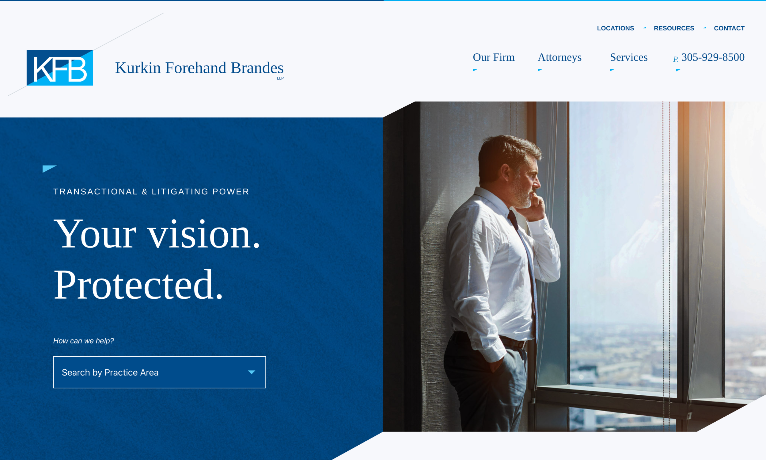 Screenshot of Kurkin Forehand Brandes law firm's website homepage, featuring best legal web design with a man in business attire on the phone by a window and navigation options for firm information and services.