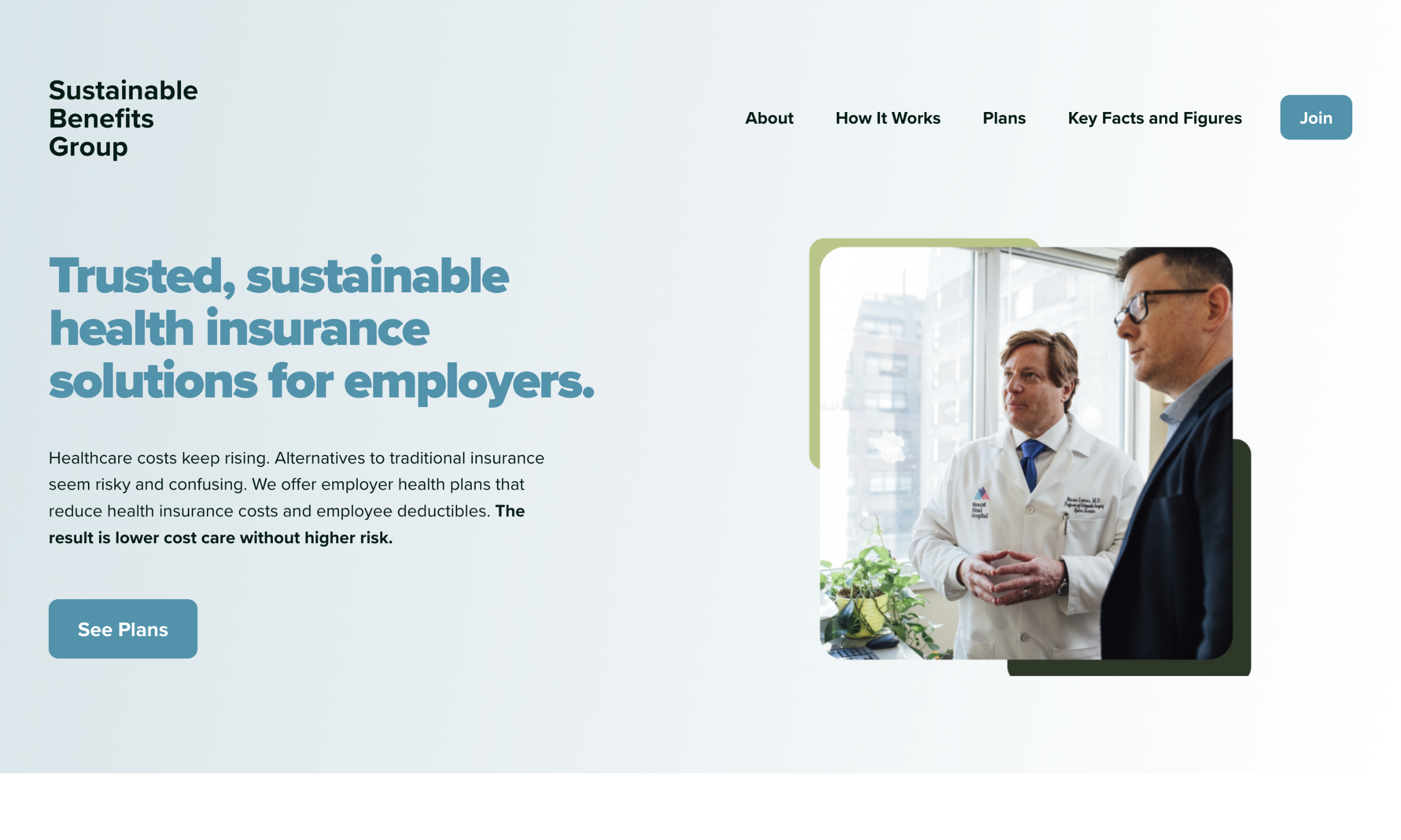 Screenshot of a health insurance website design featuring two men, one in a white medical coat, beside text highlighting sustainable insurance solutions for employers.