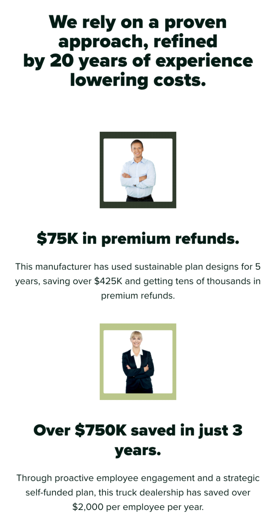 Infographic highlighting a company’s 20 years of experience, $75K in premium refunds for a manufacturer, and $750K+ saved for a truck dealership in 3 years through employee healthcare plans and expert health insurance website design.