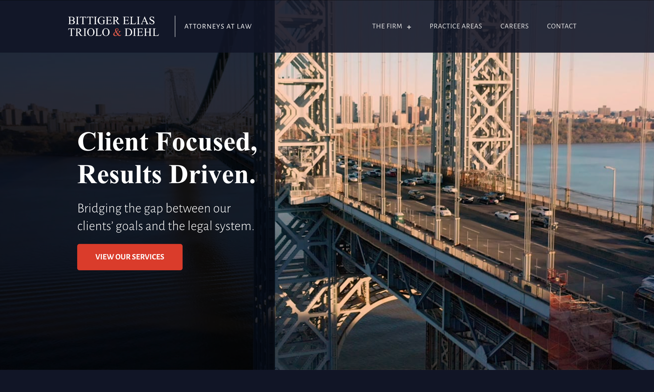 Website homepage of Bittiger Elias Triolo & Diehl, a modern law firm website, featuring a bridge with city traffic and a call-to-action button labeled "View Our Services.