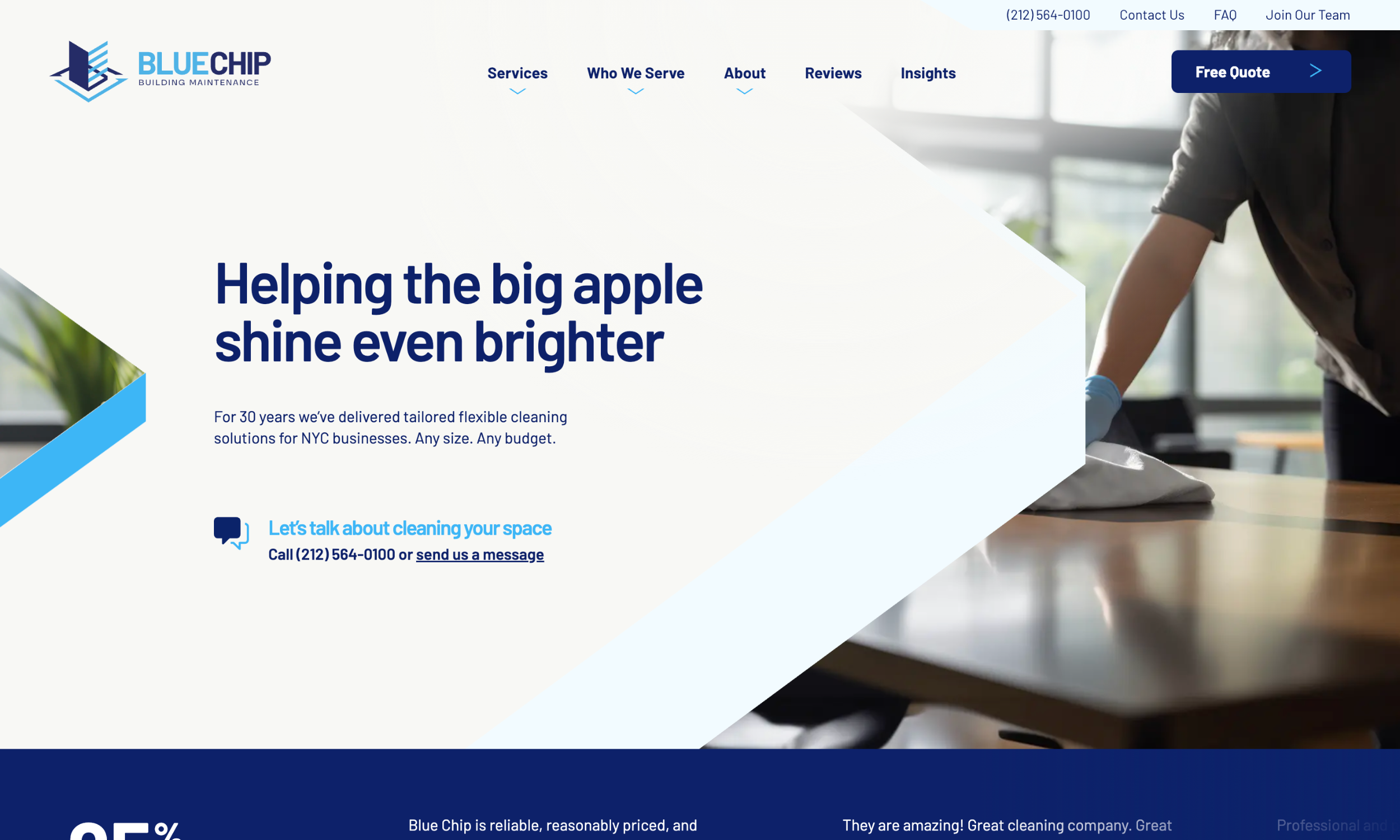 Screenshot of BlueChip Building Maintenance's cleaning website design homepage, featuring a slogan about cleaning services for NYC businesses, a contact number, and a navigation menu.