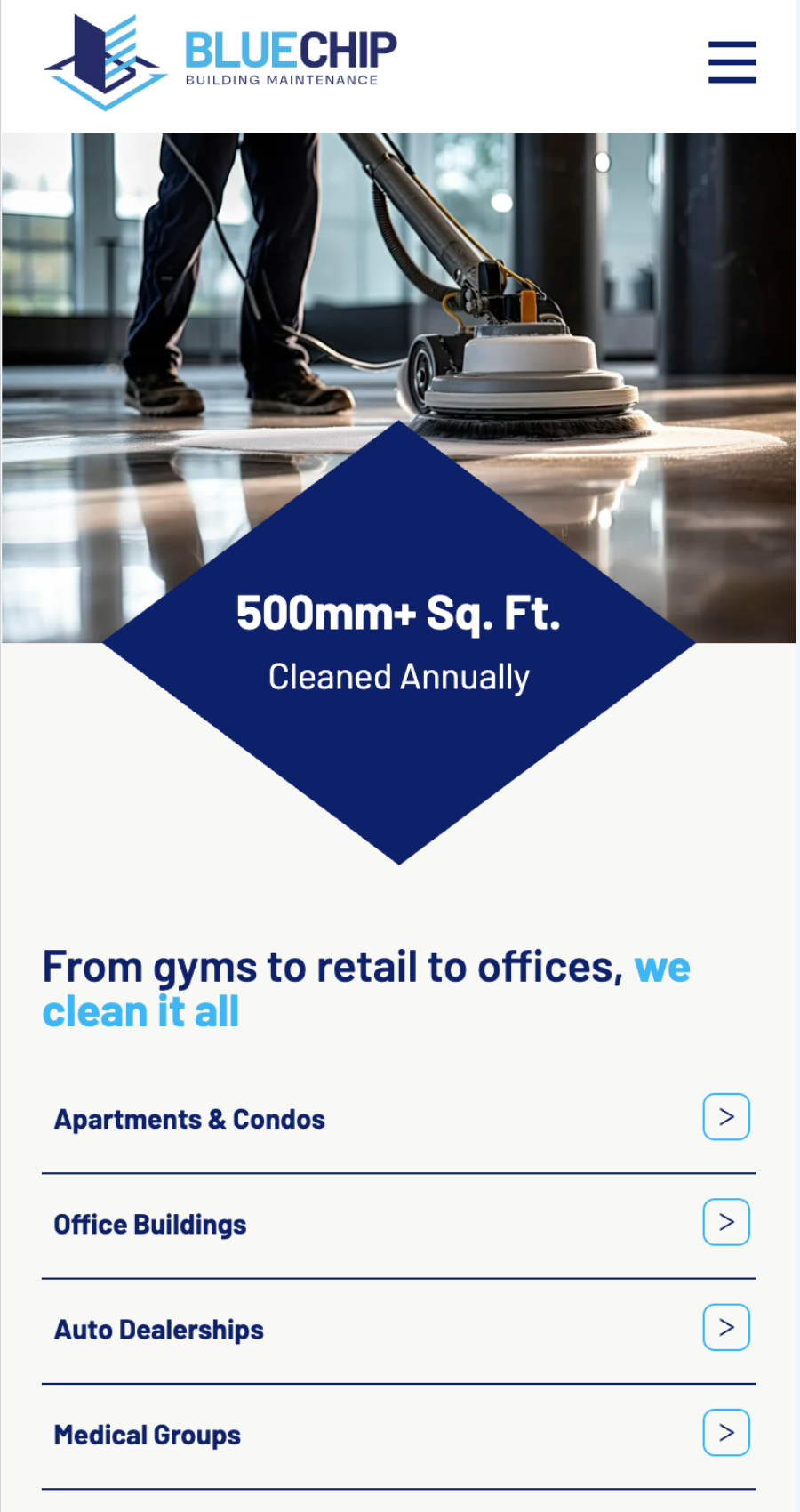 Person operating a floor cleaning machine on shiny tiles; text spotlights 500mm+ sq. ft. cleaned annually, the range of facility types serviced by BlueChip Building Maintenance, and showcases a modern cleaning website design.