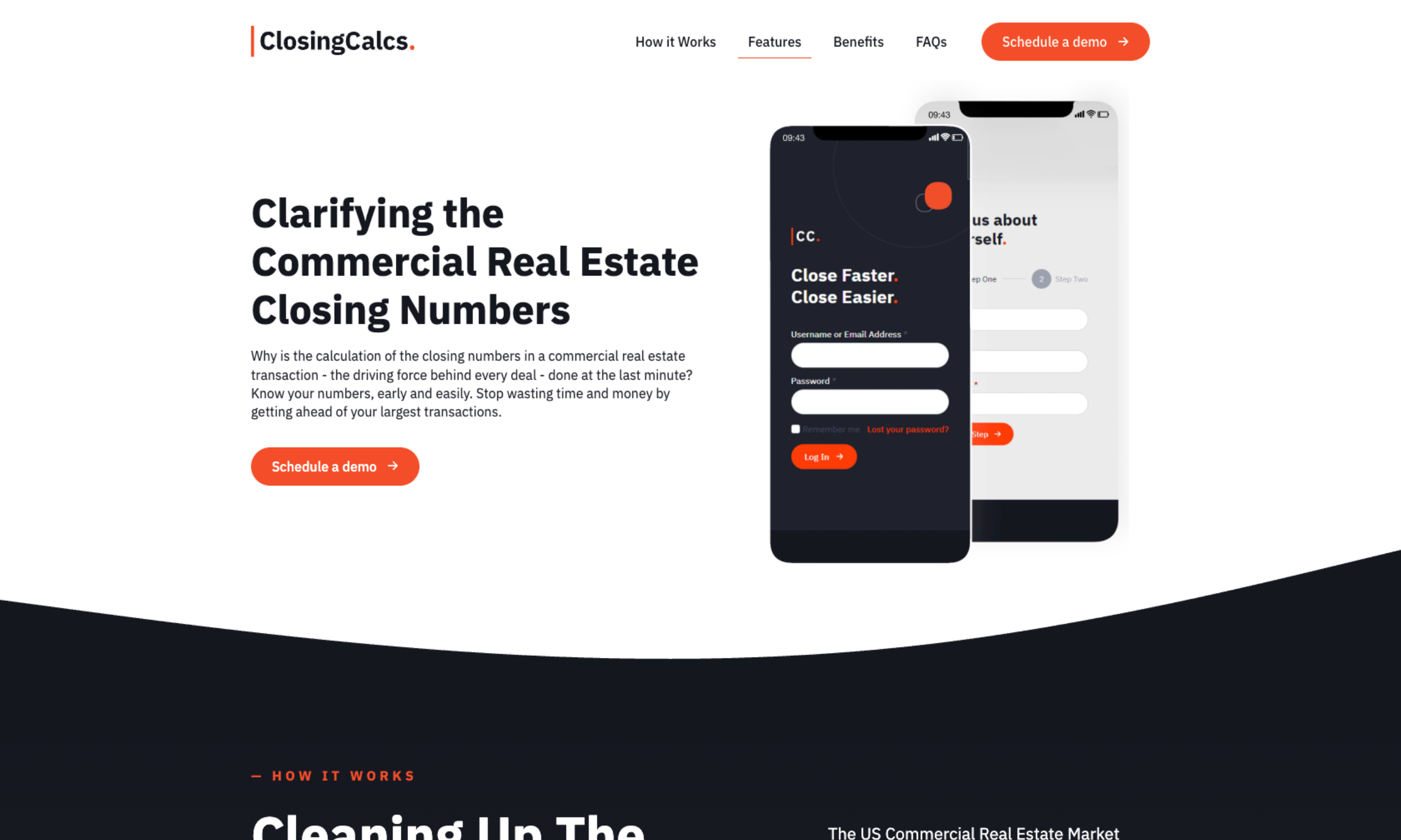 Screenshot of the ClosingCalcs homepage showcasing commercial real estate website design, featuring promotional text about closing numbers, two mobile phone mockups, and a prominent "Schedule a demo" button.
