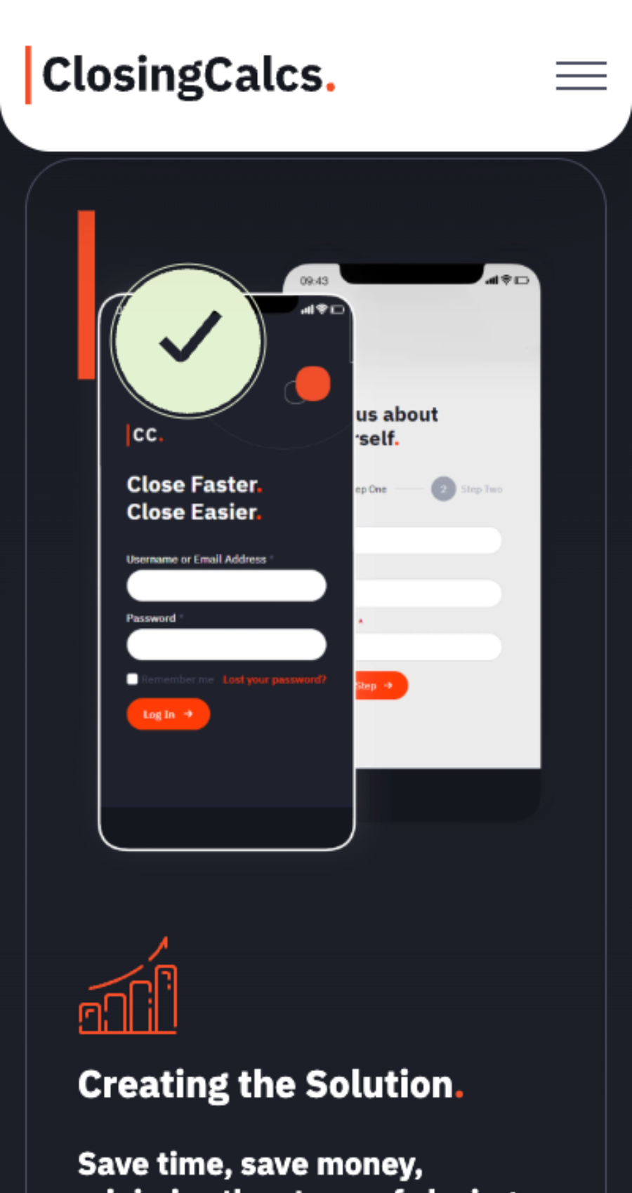 A mobile login screen for ClosingCalcs, a commercial real estate website design, with fields for username, email, and password, shown on a smartphone mockup with a checkmark icon above.