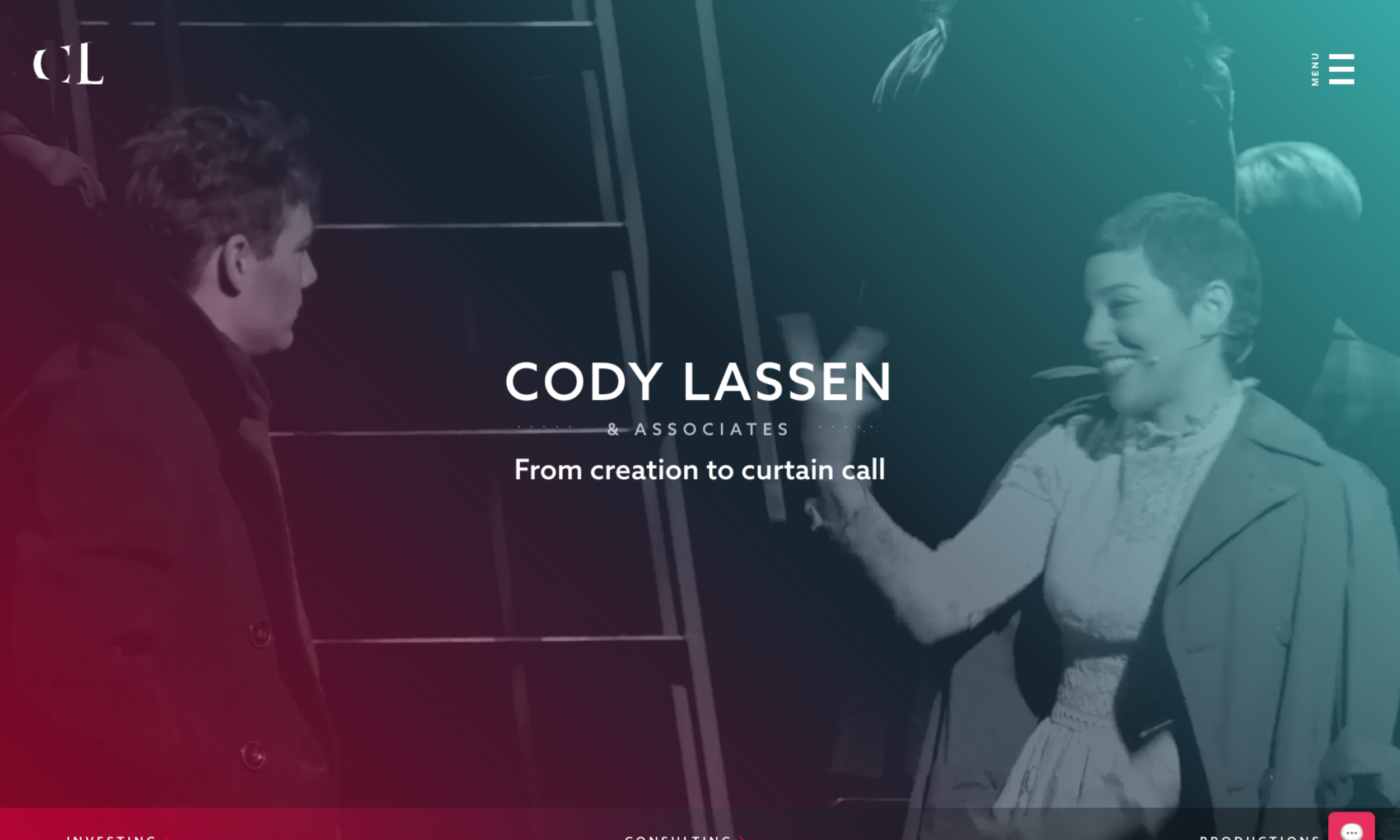Two people on stage interact during a theatrical performance; the text overlay reads "Cody Lassen & Associates: From creation to curtain call — elevating stories with expert entertainment website design.