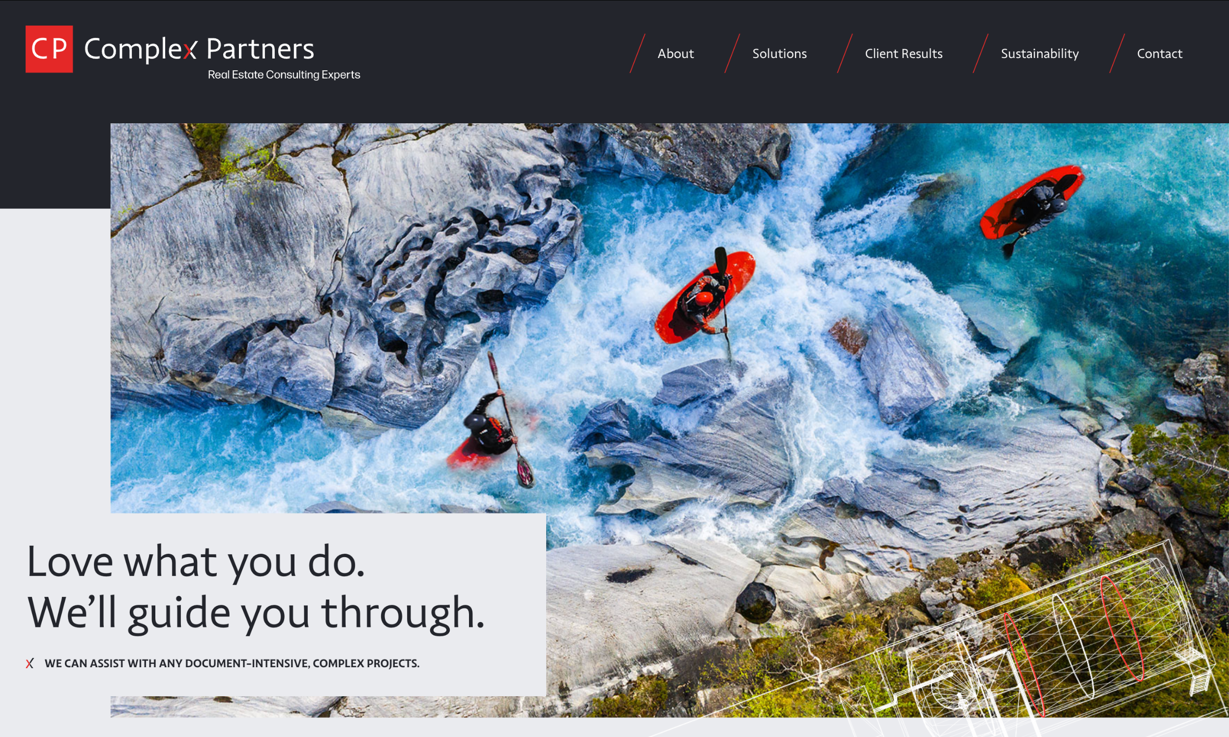 Aerial view of three people kayaking through whitewater rapids surrounded by rocks, with Complex Partners real estate consulting website branding and navigation above.