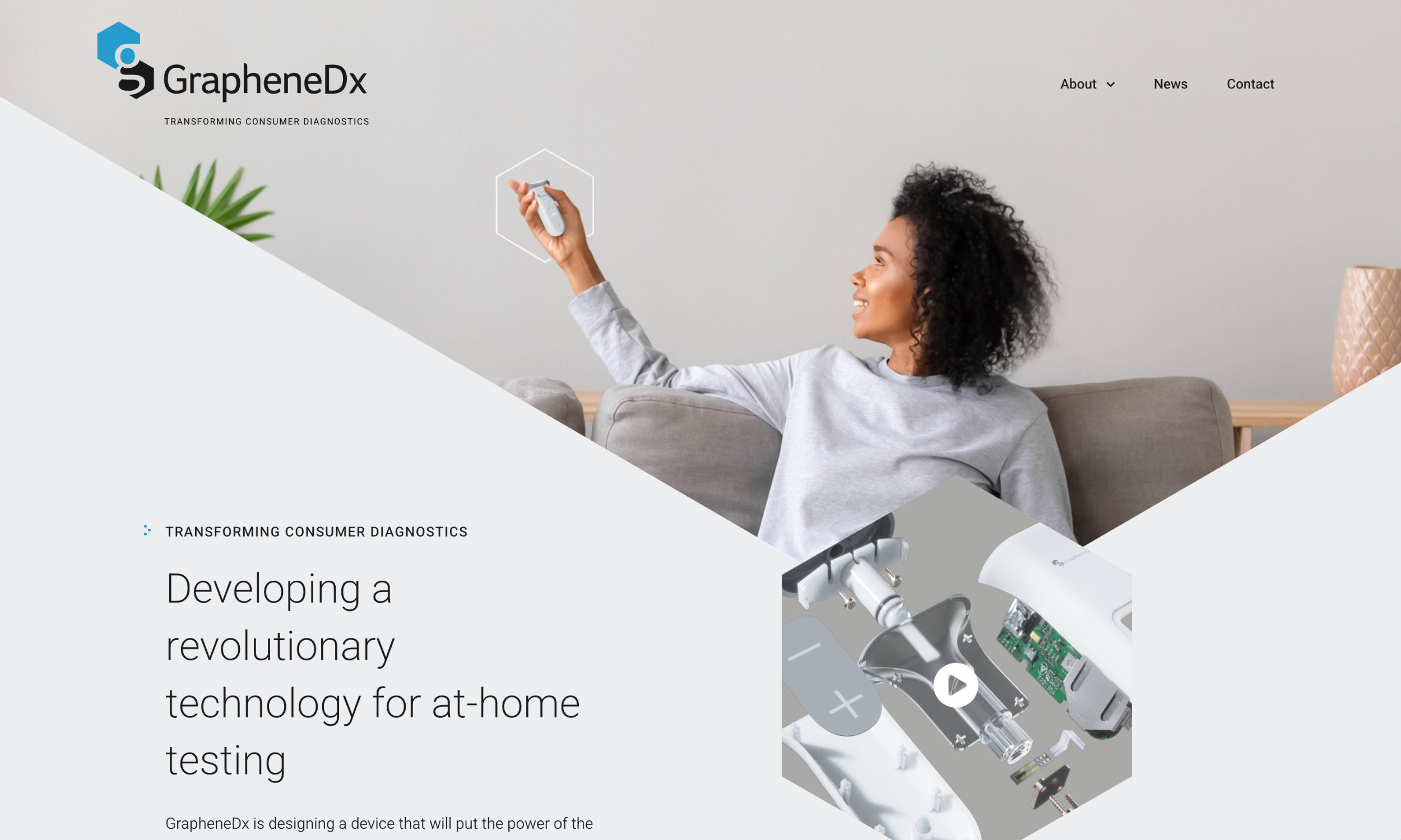 A woman sits on a sofa holding up a small device. The website text highlights GrapheneDx’s at-home testing technology and intuitive telehealth website design for seamless consumer diagnostics.