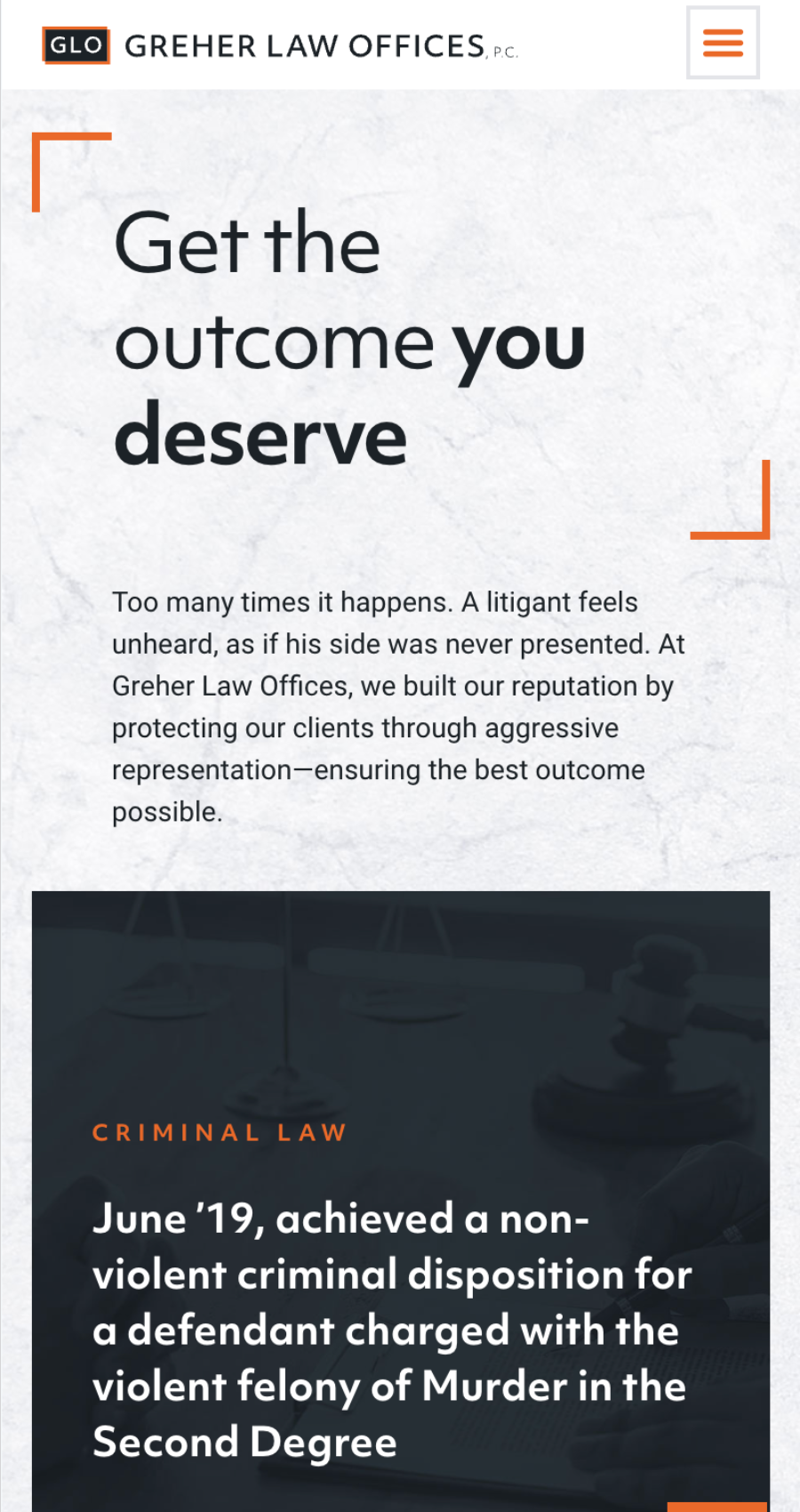 Screenshot of the Greher Law Offices website, featuring their success in a 2019 felony murder case and showcasing client advocacy, with elements inspired by modern family law attorney website design.