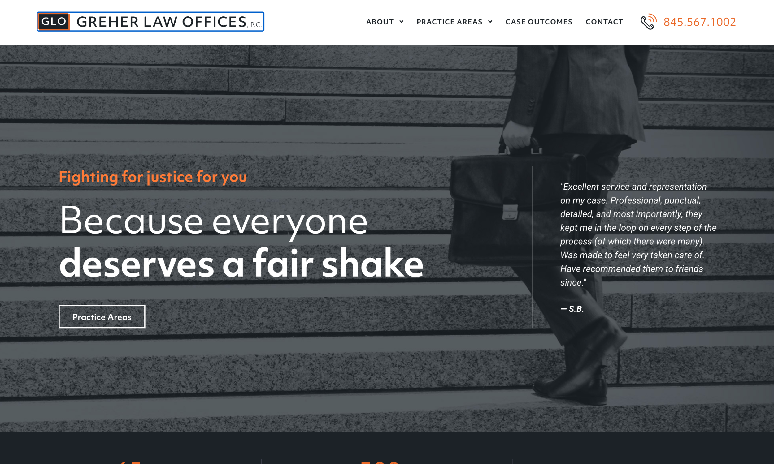 A person in business attire holds a briefcase and walks up stairs; text promotes Greher Law Offices with a focus on fairness, featuring a client testimonial and showcasing modern family law attorney website design.