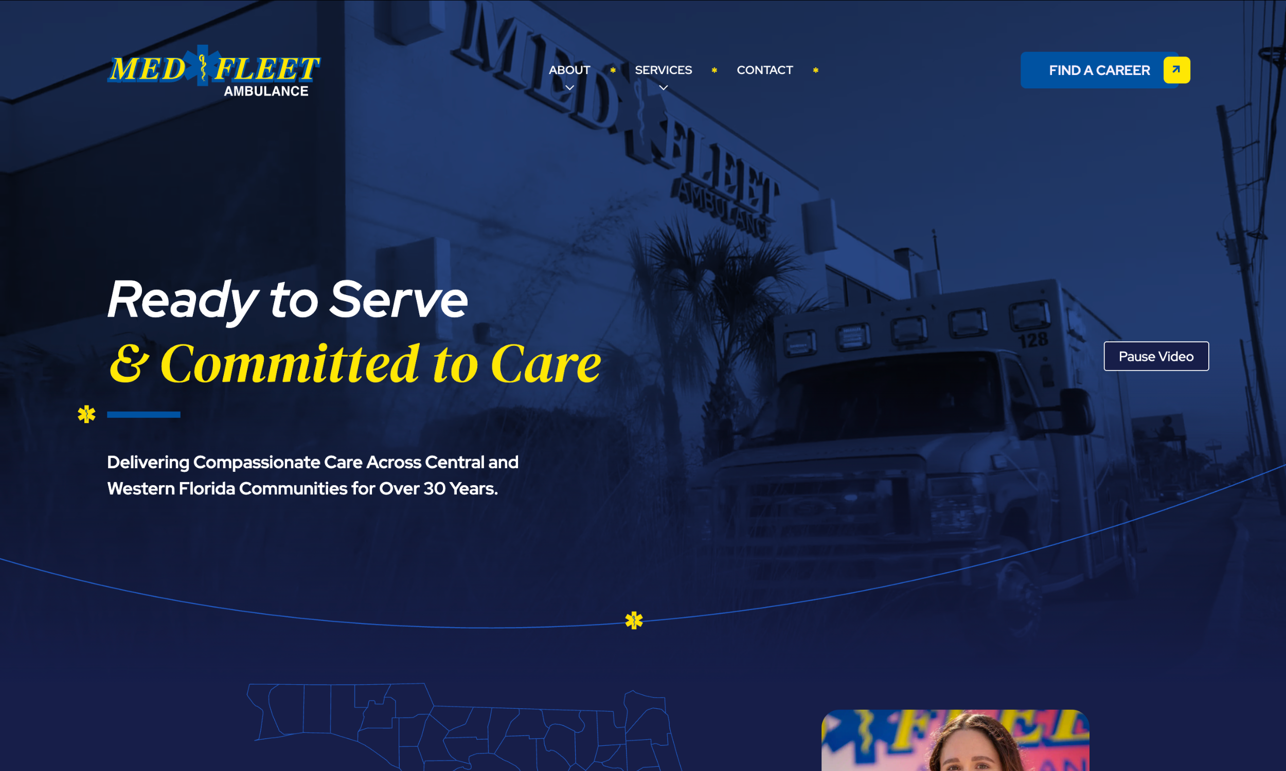 Screenshot of the MedFleet medical transportation website homepage featuring an ambulance, site navigation, and the message “Ready to Serve & Committed to Care.”.