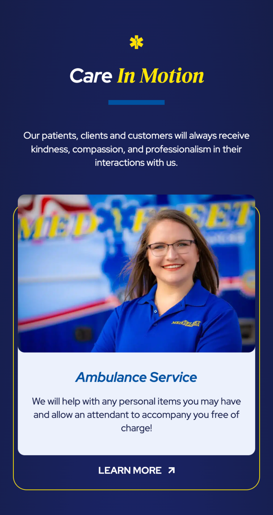 A woman in a blue uniform stands smiling in front of an ambulance, promoting free attendant assistance for ambulance service. Text above highlights the caring, professional approach featured on our medical transportation website.
