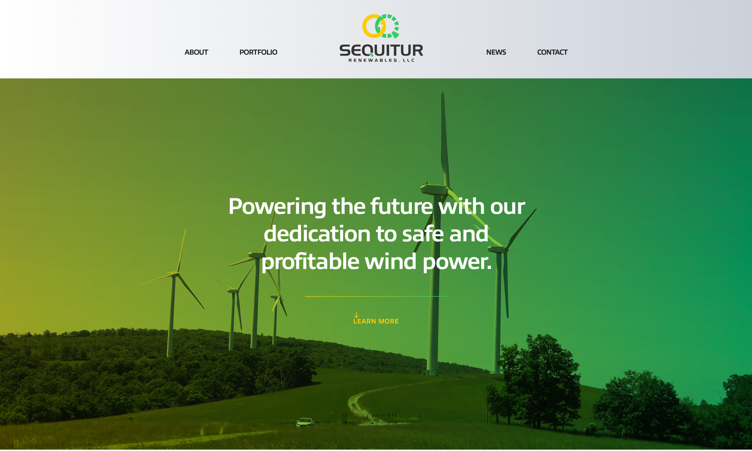 A landscape of wind turbines on grassy hills with the text: "Powering the future with our dedication to safe and profitable wind power." Sequitur Renewables logo is at the top, showcasing our commitment to clean energy website design.