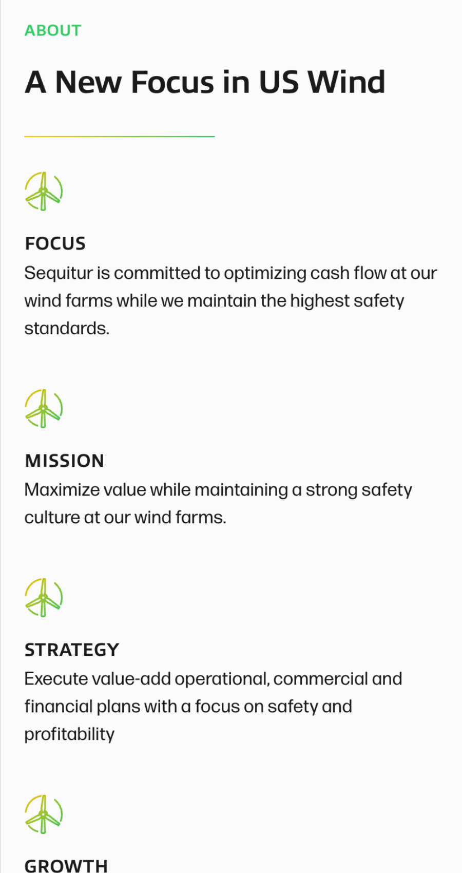 A summary of Sequitur’s focus, mission, strategy, and growth objectives for US wind farms, emphasizing cash flow, safety, value, profitability—and the role of innovative clean energy website design in advancing these goals.