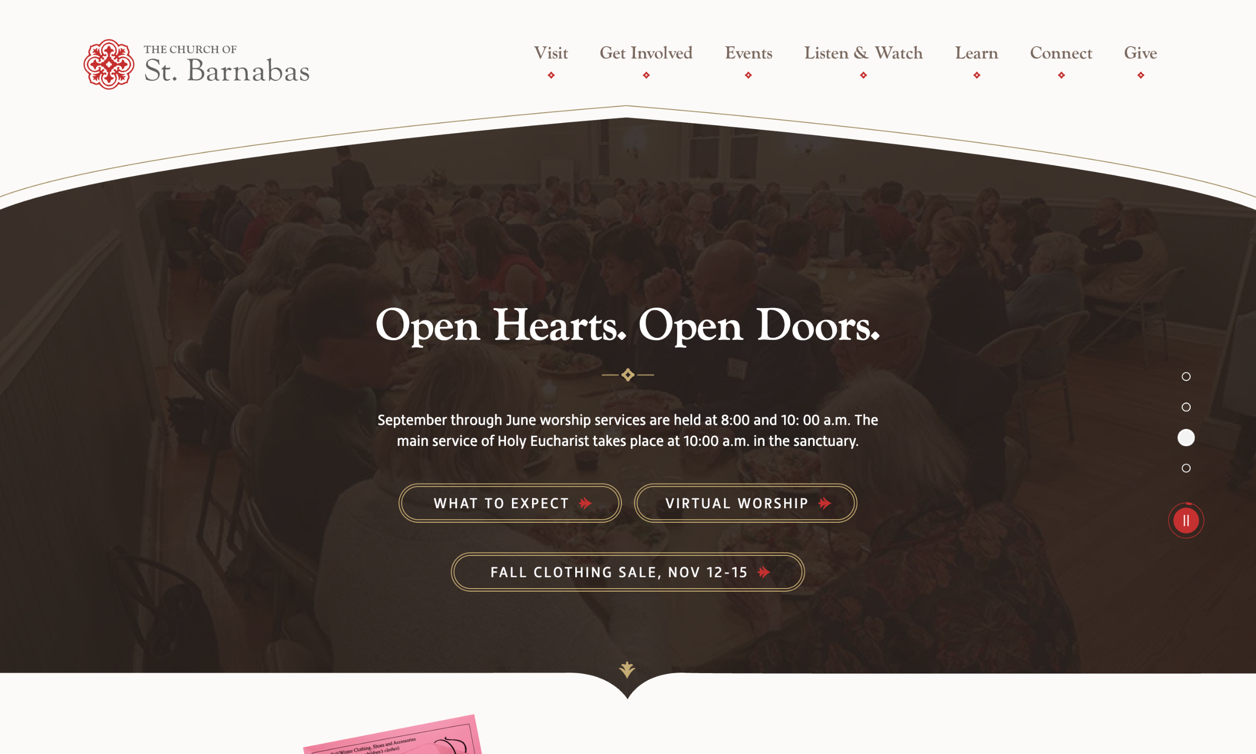 A group of people gathers in a church hall, seated at round tables. The church website design features the text "Open Hearts. Open Doors," with clear navigation links and event information visible on the page.