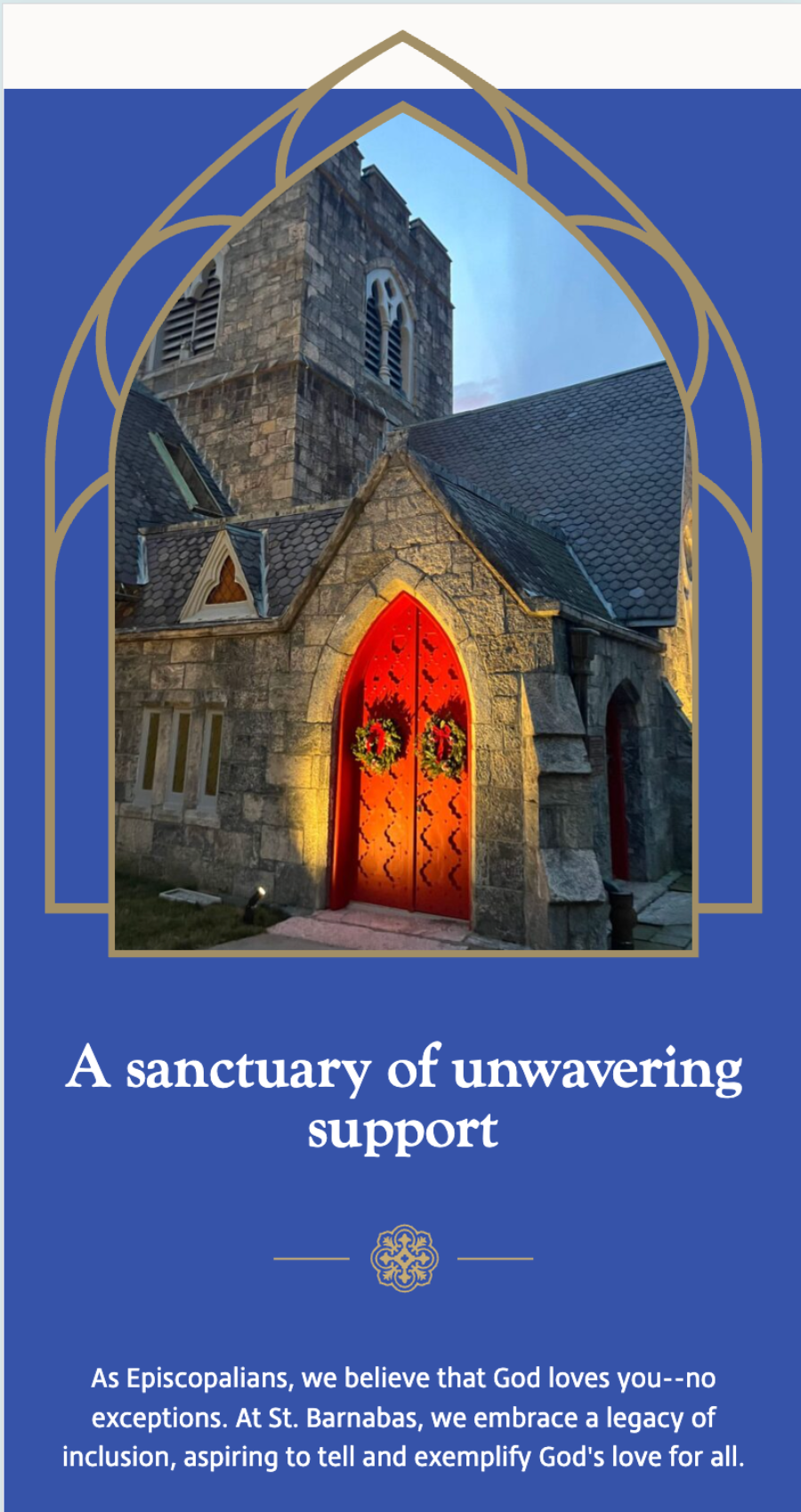 Stone church with a red front door decorated with wreaths, illuminated at dusk; text below promotes inclusivity and God's love at St. Barnabas Episcopal Church—explore more through our welcoming church website design.
