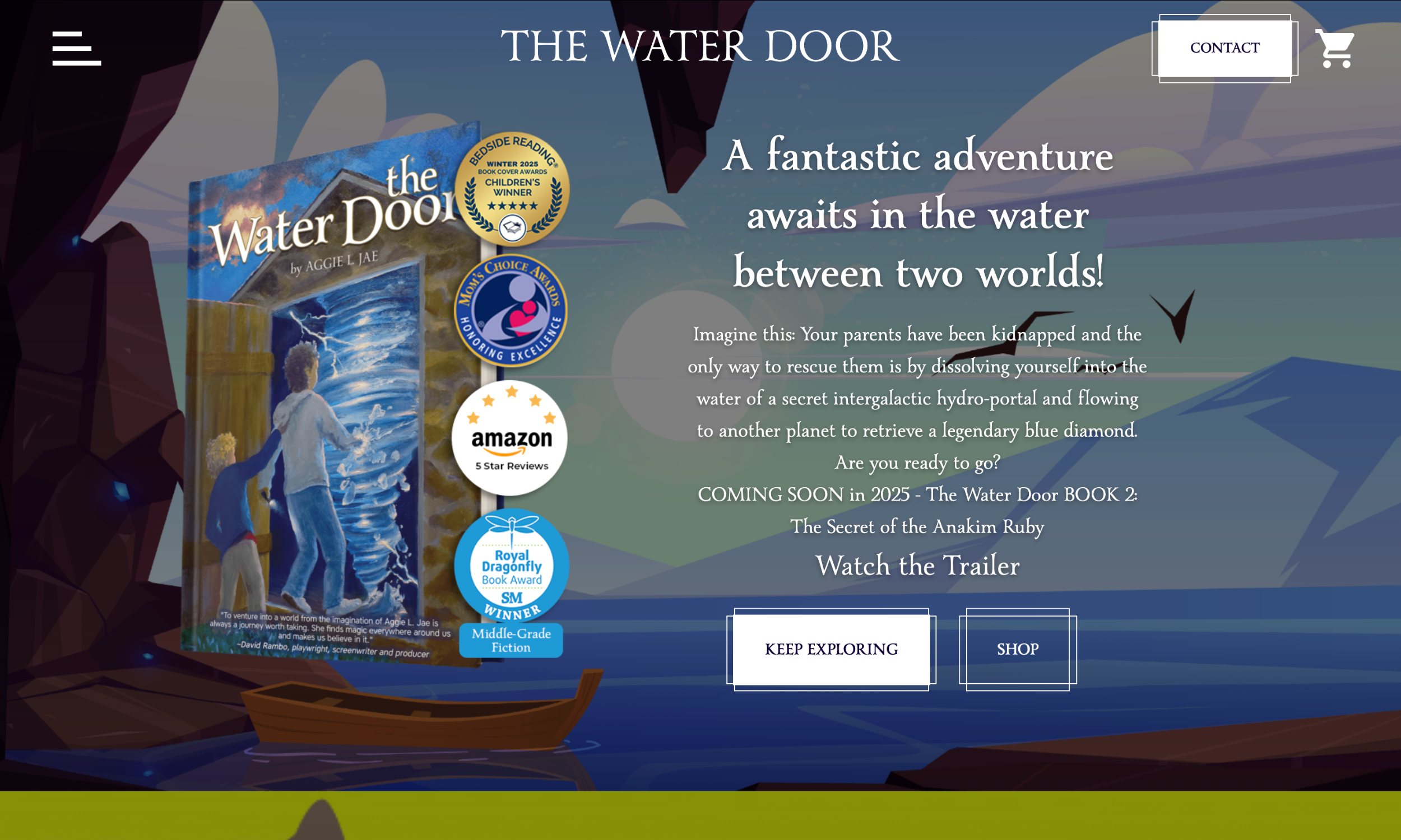 Book cover and promotional text for "The Water Door," a children's fantasy novel, displayed on a children's book website design against an illustrated background of a rocky shore and water cave with various review badges.