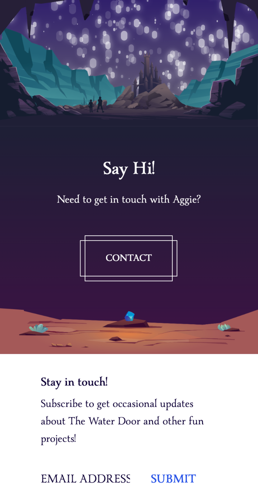 A stylized children's book website design featuring a night sky, floating lights, rocky landscape, and a "Contact" button inviting users to get in touch with Aggie and subscribe for updates below.