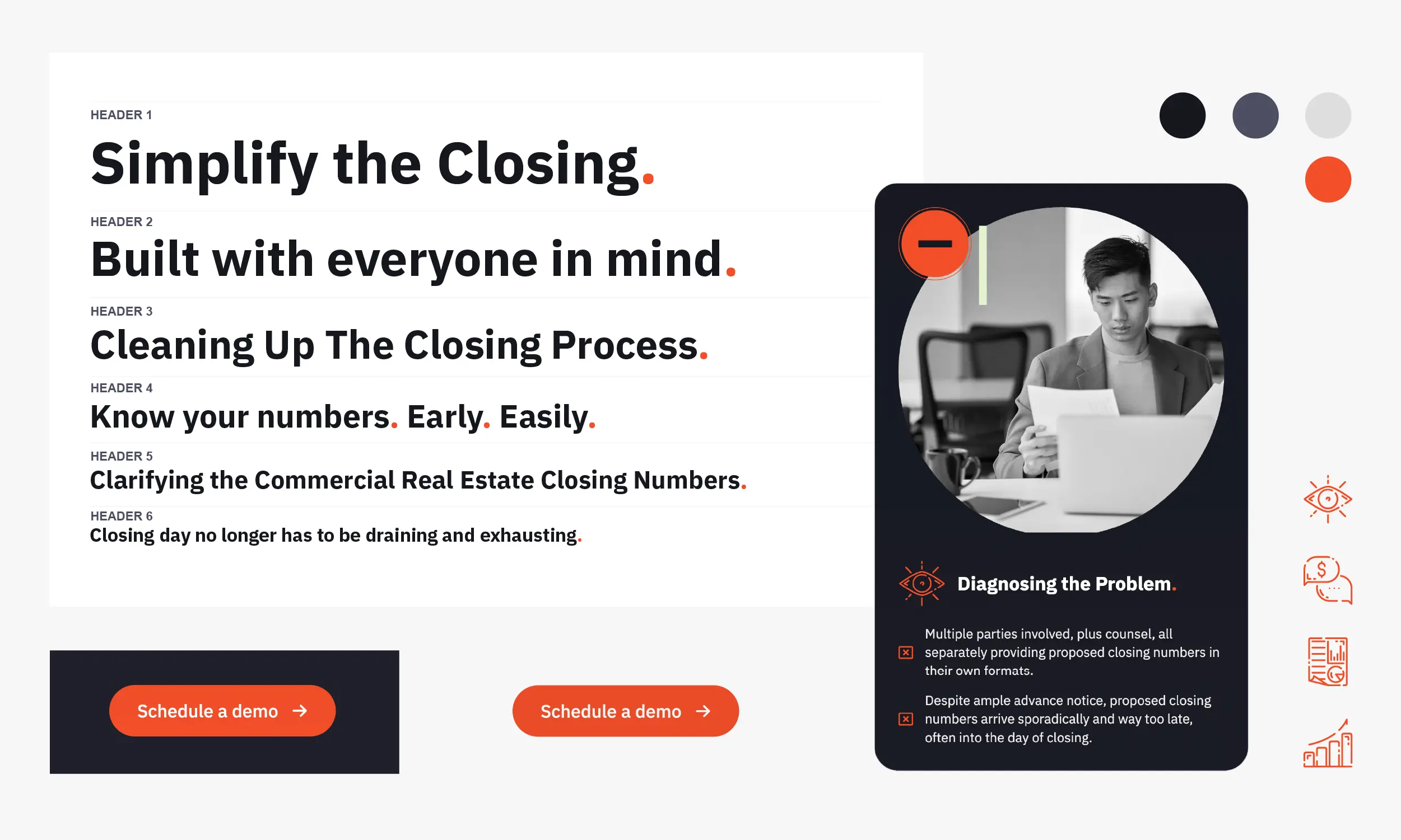 A business website page highlights simplified commercial real estate closing processes, featuring headers, call-to-action buttons, and an image of a man working on a laptop.