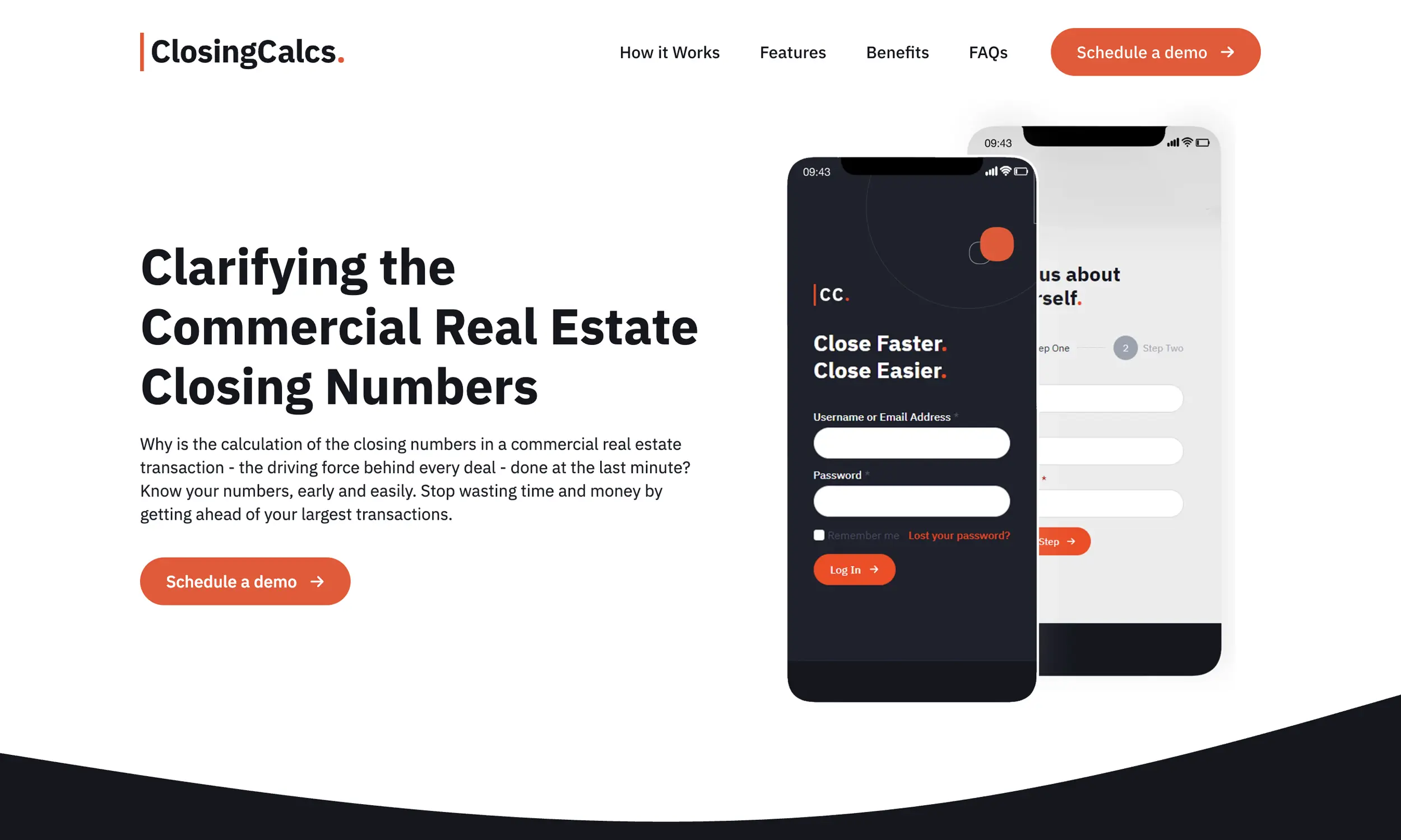 A website homepage for ClosingCalcs showing a headline about real estate closing numbers, two phone mockups with a form, and buttons labeled “Schedule a demo.”.
