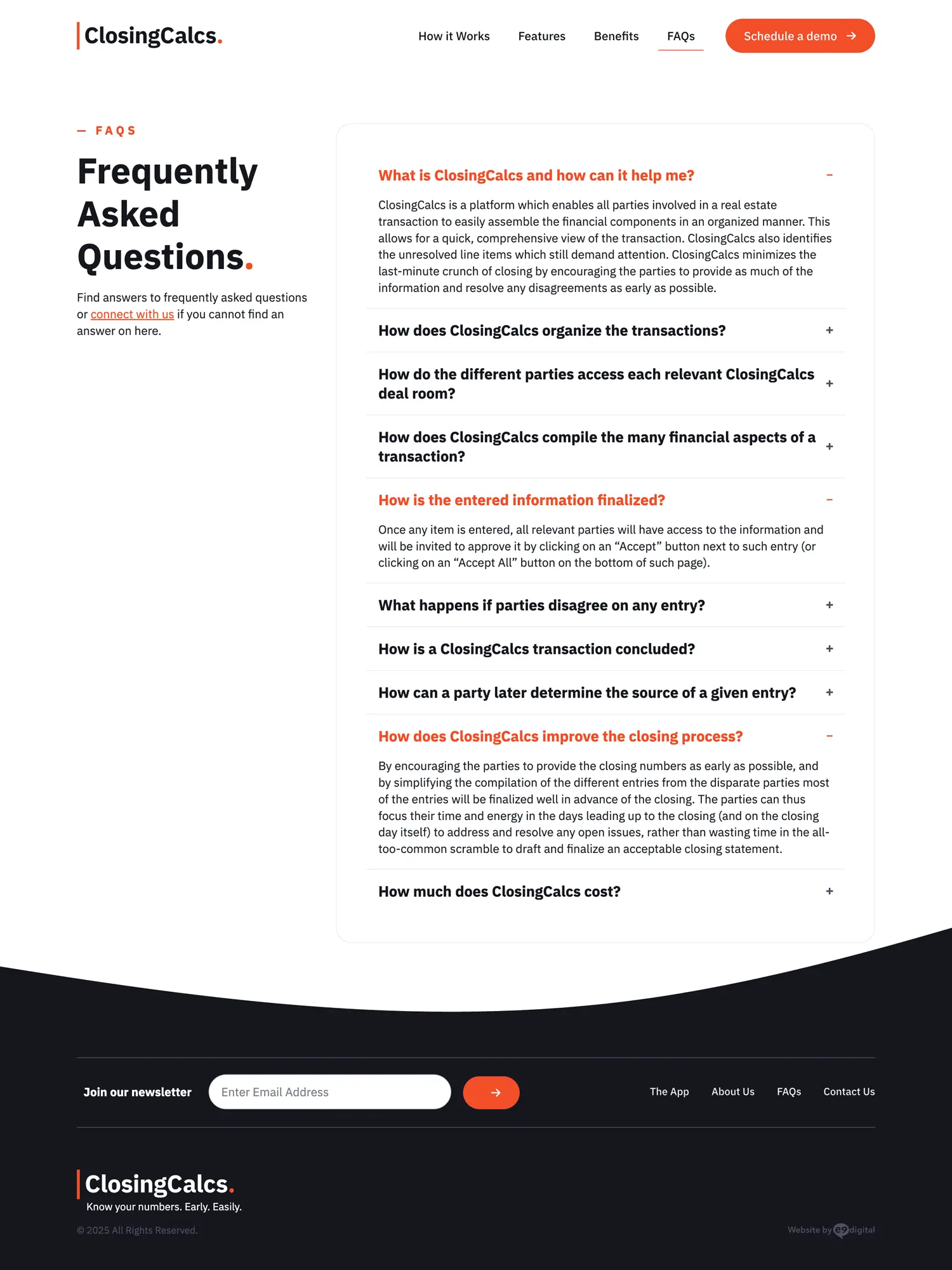 A webpage FAQ section for ClosingCalcs with questions and expandable answers on real estate transaction management. Subscribe and navigation options are at the bottom.