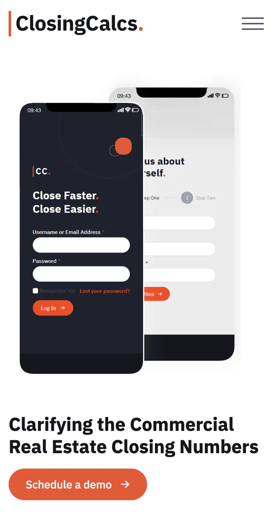 Two smartphone screens display a real estate closing app login and registration interface, with the text “Clarifying the Commercial Real Estate Closing Numbers” and a “Schedule a demo” button below.
