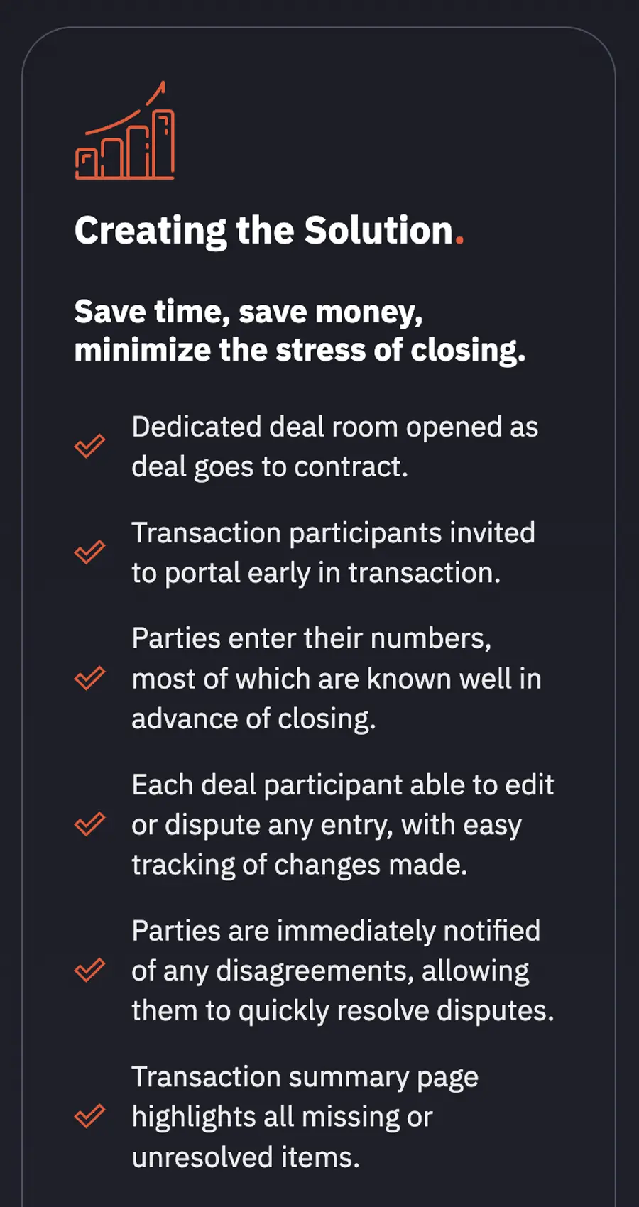 Infographic listing benefits of a deal management solution, including dedicated deal room, easy entry, change tracking, immediate notifications, and a summary page for missing or unresolved items.