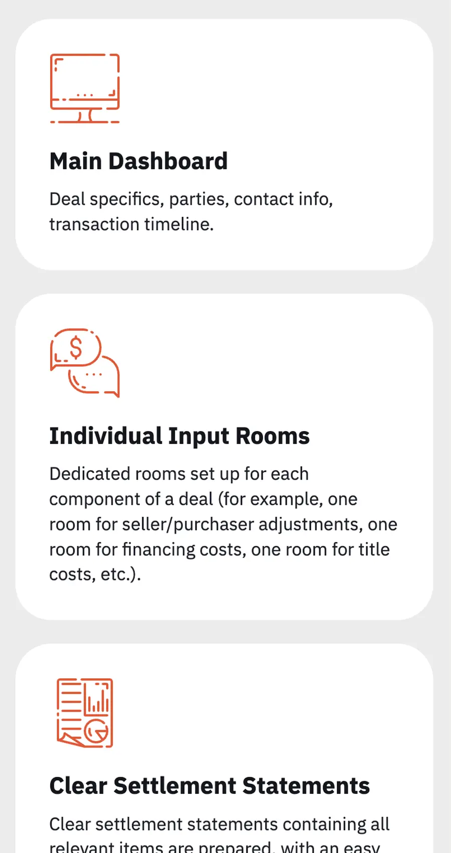 Screenshot showing three feature descriptions: Main Dashboard, Individual Input Rooms, and Clear Settlement Statements, each with a brief explanation and an orange icon.