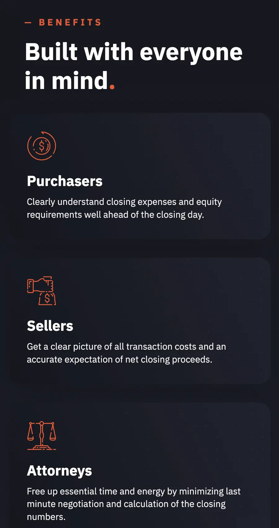 Benefits of the service for purchasers, sellers, and attorneys are listed, highlighting cost clarity, transaction transparency, and time-saving for legal professionals.
