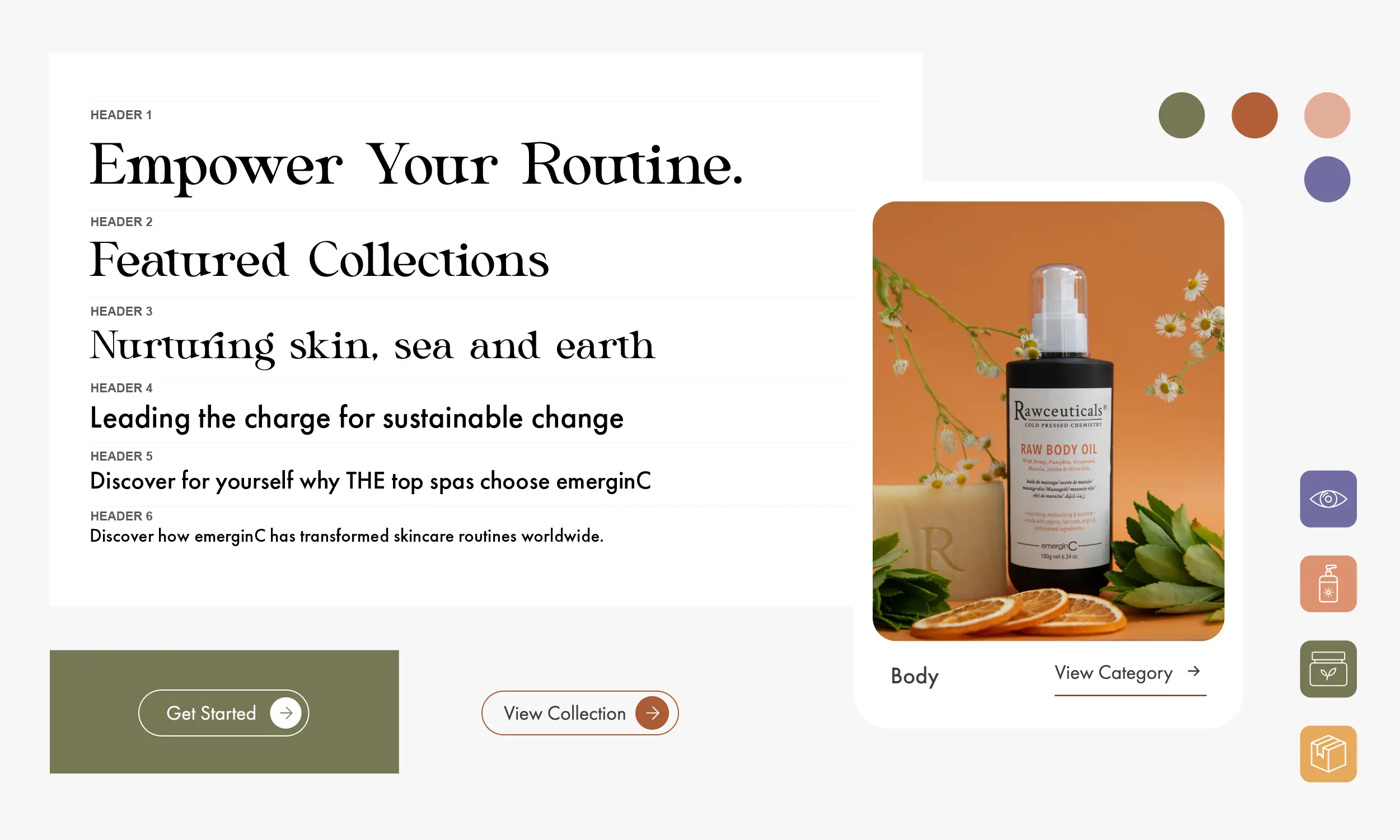 Screenshot of a skincare brand’s website featuring headers about sustainability, a product image of a body oil bottle, and navigation buttons for viewing collections and getting started.