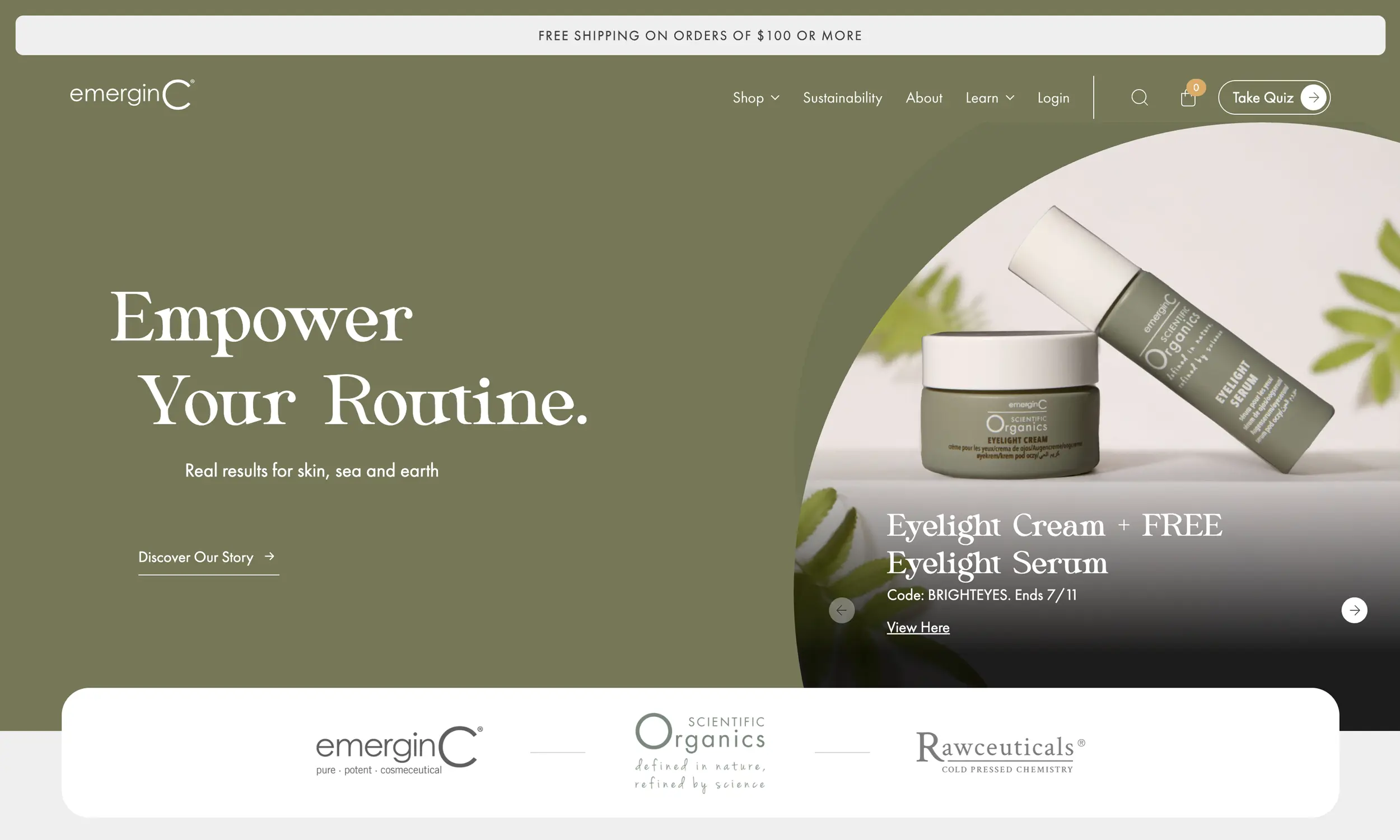 Screenshot of emerginC skincare website homepage, featuring a jar and a bottle of eye products, and a banner offering free shipping on orders over $100.