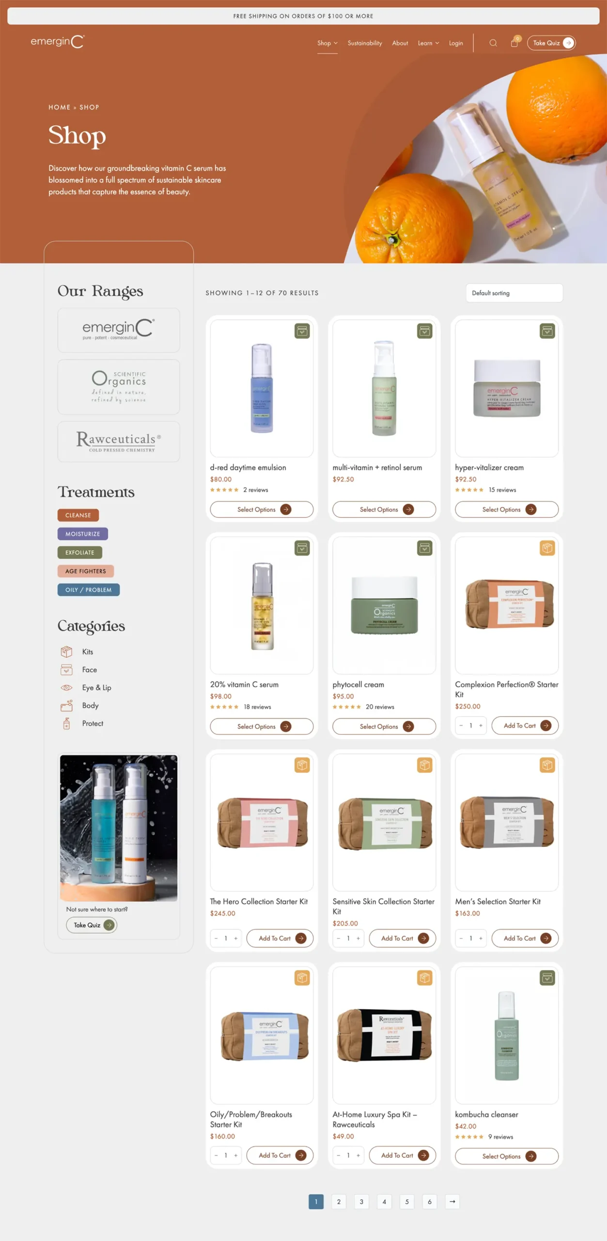 Screenshot of a skincare shop webpage displaying various emerginC products, including creams, serums, and starter kits, with product images, prices, and add-to-cart buttons.