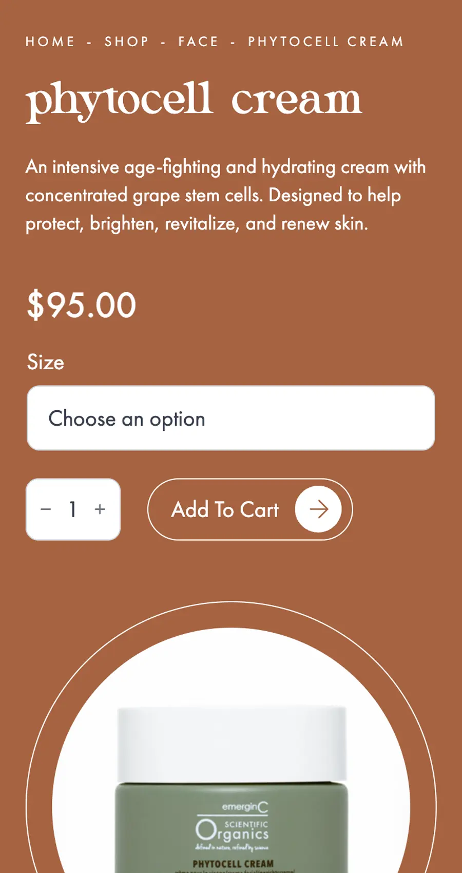 Screenshot of a product page for Phytocell Cream showing its price, description, size selection, quantity adjustment, and add to cart button, with part of the product image visible at the bottom.