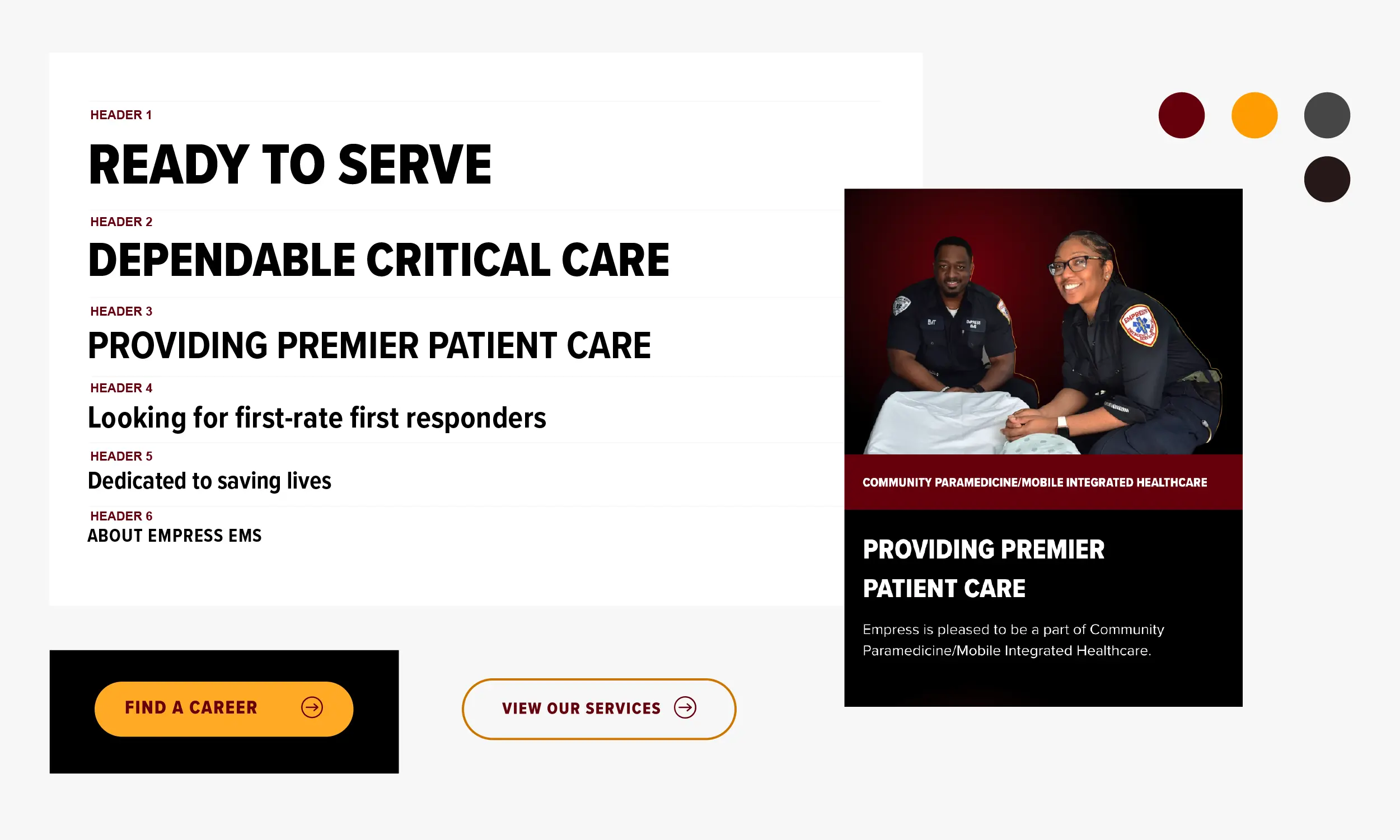 Screenshot of a website highlighting Empress EMS, featuring headers about critical care and patient services, a photo of two EMS workers, and buttons to find a career or view services.