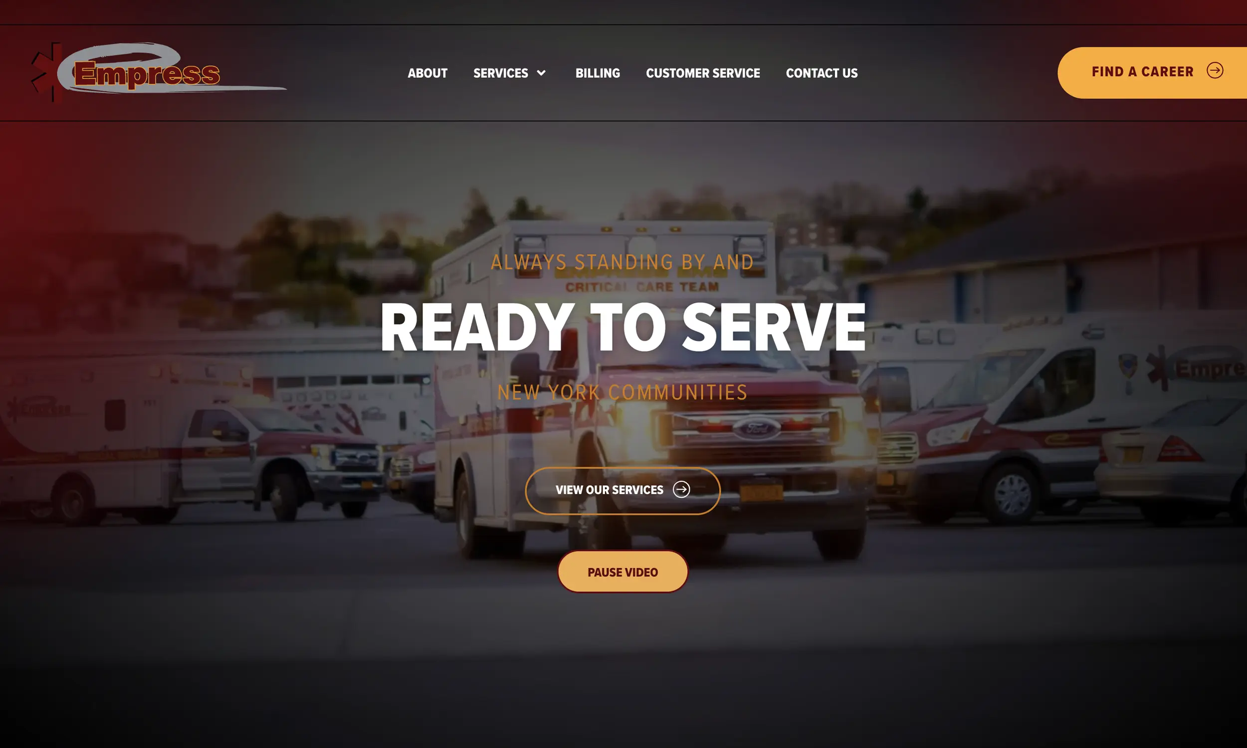 Blurred image of ambulances parked outside, overlaid with website navigation and text stating "Ready to Serve New York Communities" for Empress EMS services.