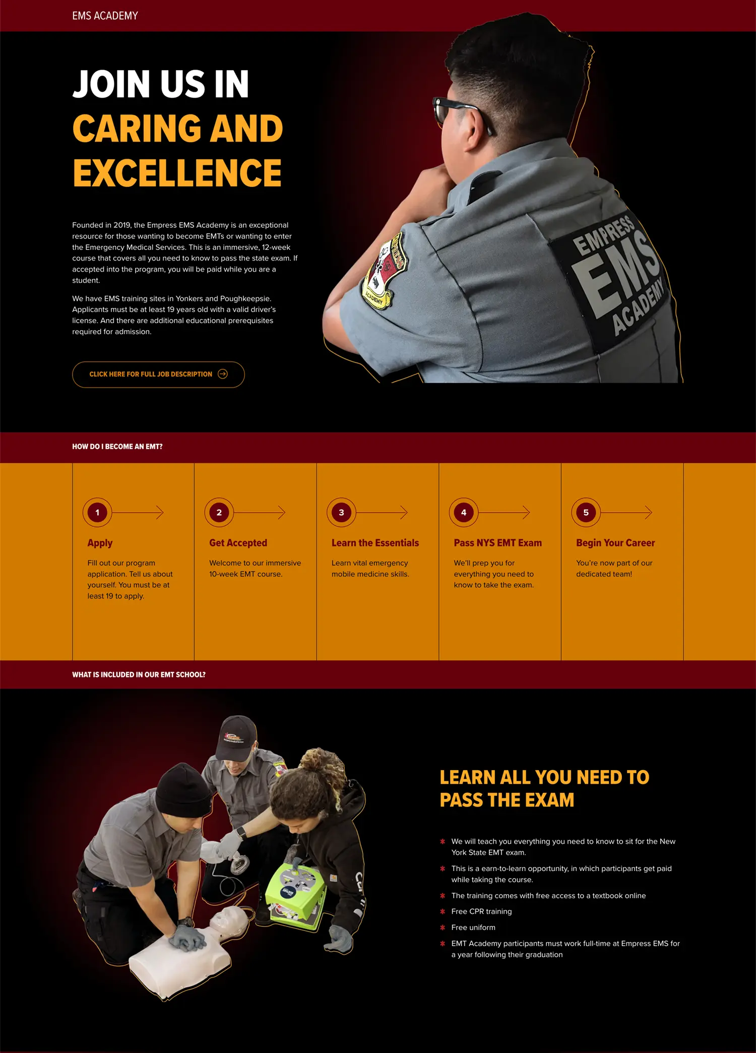 Two promotional sections for an EMS Academy show a student in uniform from behind and three trainees practicing with medical equipment on a manikin. Text explains the EMS Academy process and exam preparation.