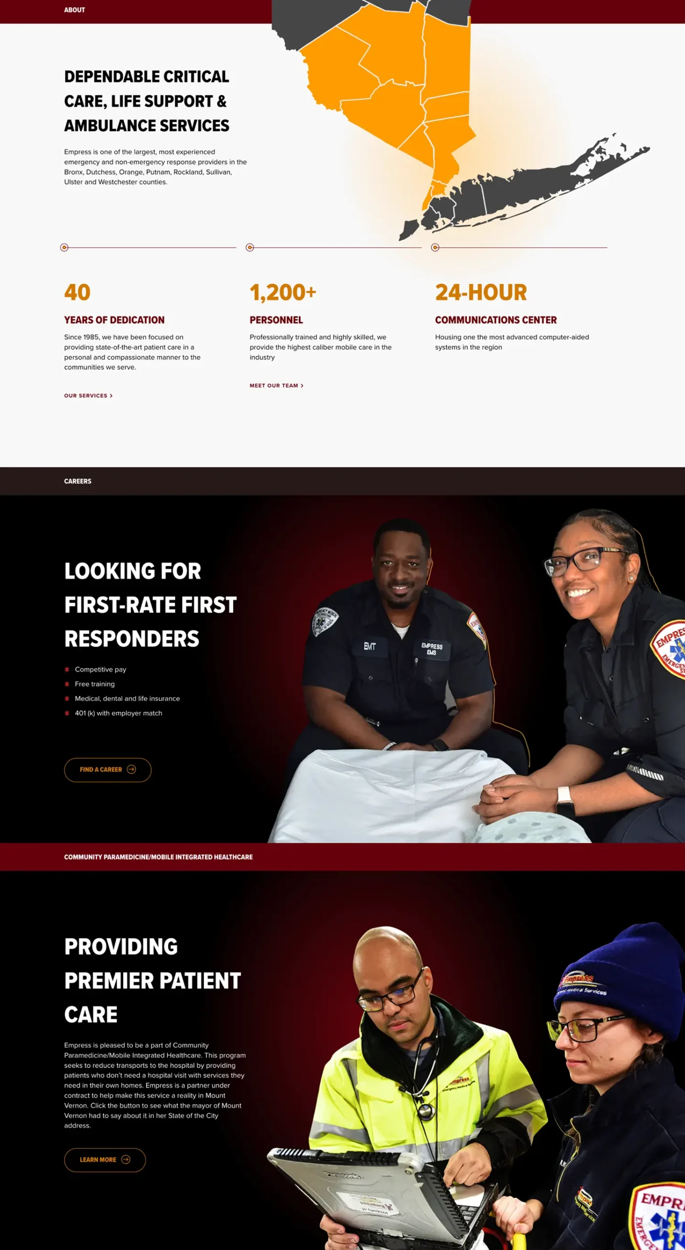A website page for an ambulance service features service details, geography served, personnel statistics, and photos of staff members in uniform interacting and working.