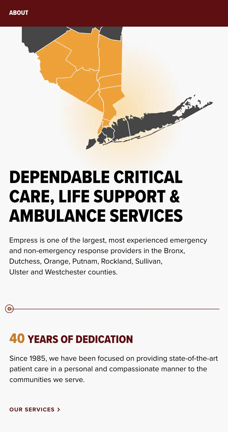 Map of parts of New York highlighting certain counties, with text describing Empress as a major emergency and ambulance service provider and noting 40 years of dedicated care since 1985.