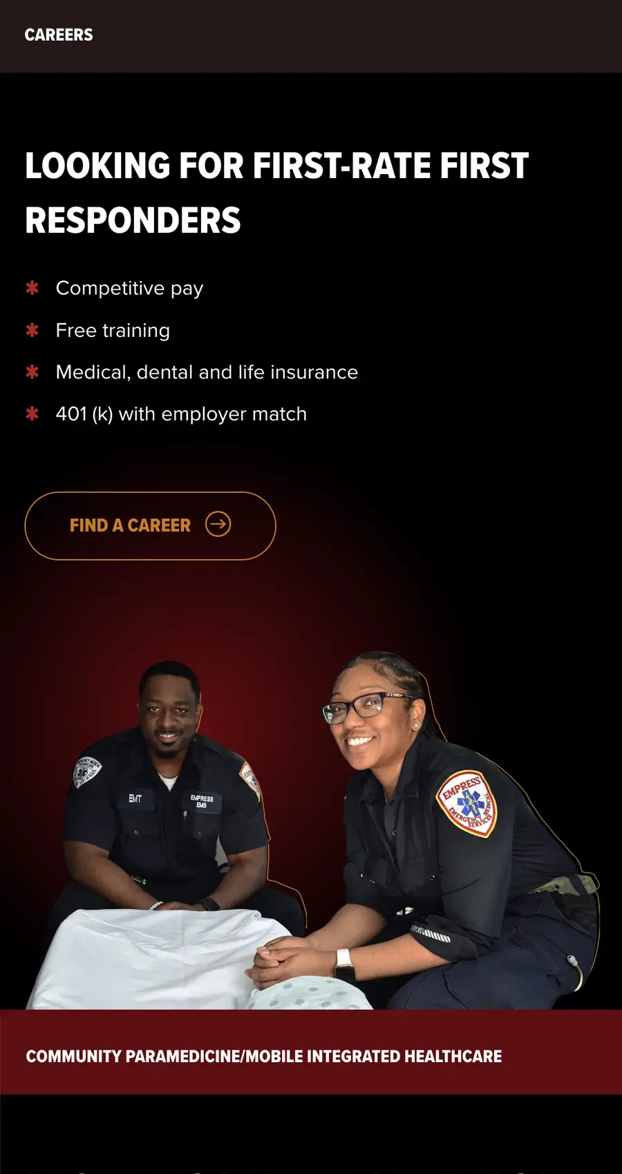 Two paramedics in uniform sit together, smiling, beneath text promoting first responder careers with benefits like competitive pay and free training.