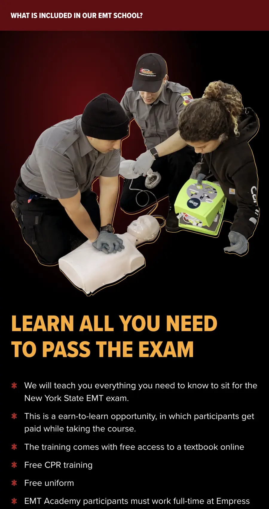 Three EMT instructors demonstrate CPR and AED use on a training mannequin, with informational text about EMT school features listed below.