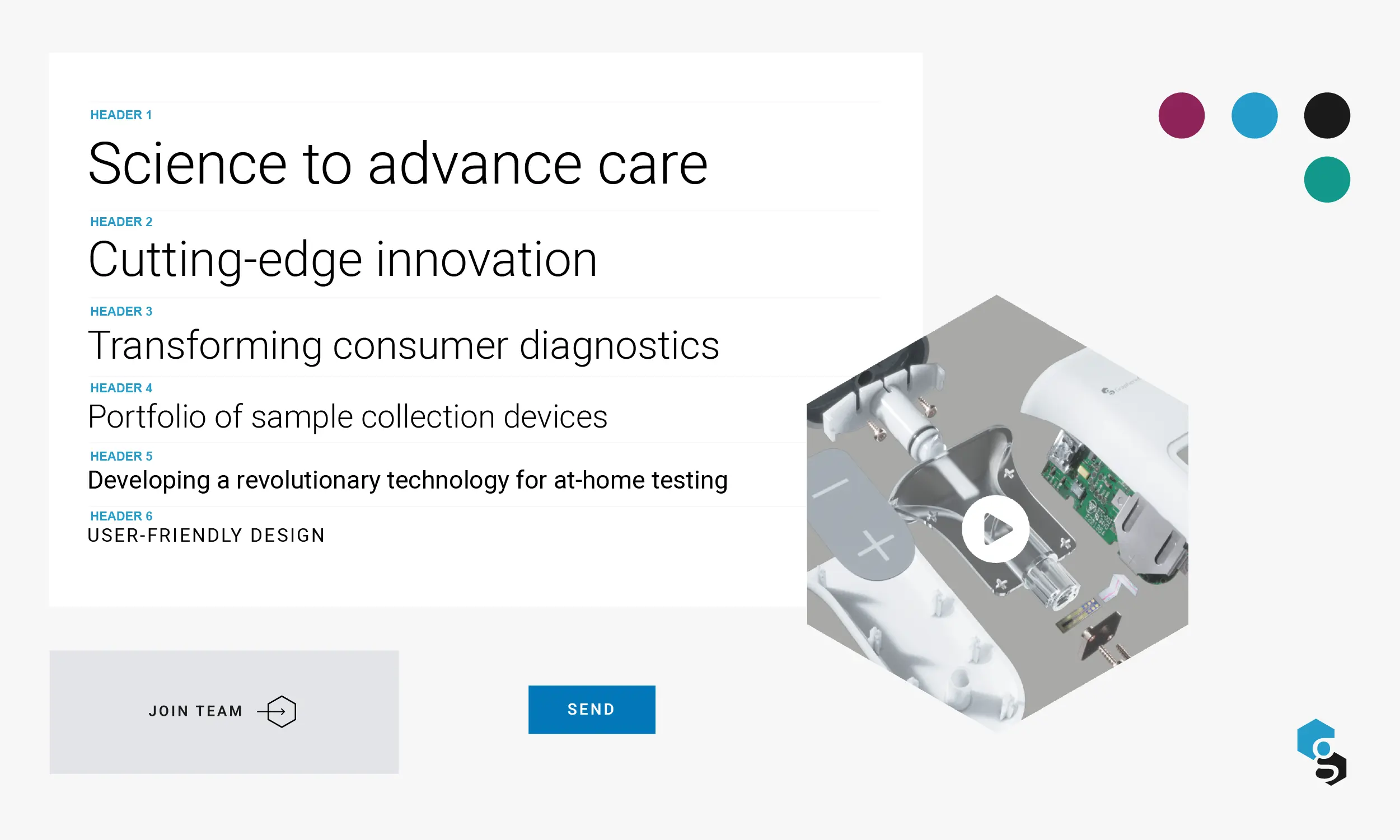 A webpage displays headers about advancing care and innovation, with a video preview of medical devices, color swatches, and buttons labeled “JOIN TEAM” and “SEND.”.